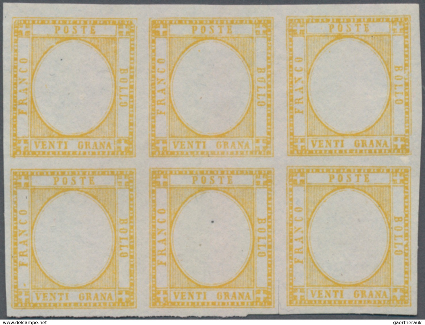 Italien: 1860, 20 Gr Brownish-yellow PROOF In Block Of 6 With Missing Middle Piece (embossing), Unus - Marcophilia