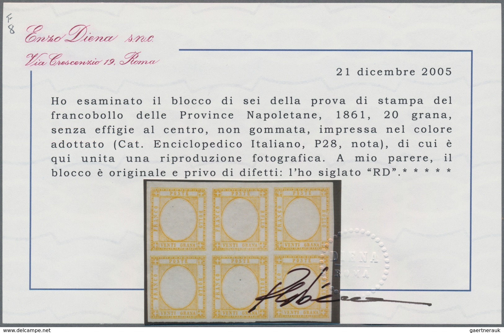 Italien: 1860, 20 Gr Brownish-yellow PROOF In Block Of 6 With Missing Middle Piece (embossing), Unus - Marcophilia
