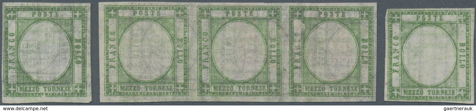 Italien: 1861, 1/2 Tor Green 5 Trial Prints (strip Of Three And 2 Single) Without Embossing And With - Marcophilia