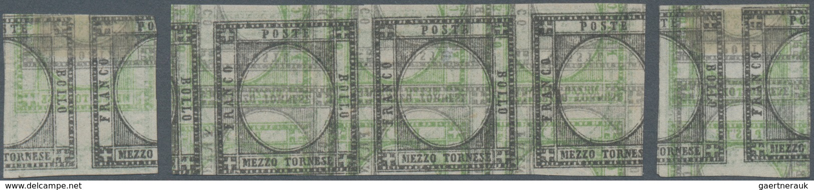Italien: 1861, 1/2 Tor Green 5 Trial Prints (strip Of Three And 2 Single) Without Embossing And With - Marcophilia