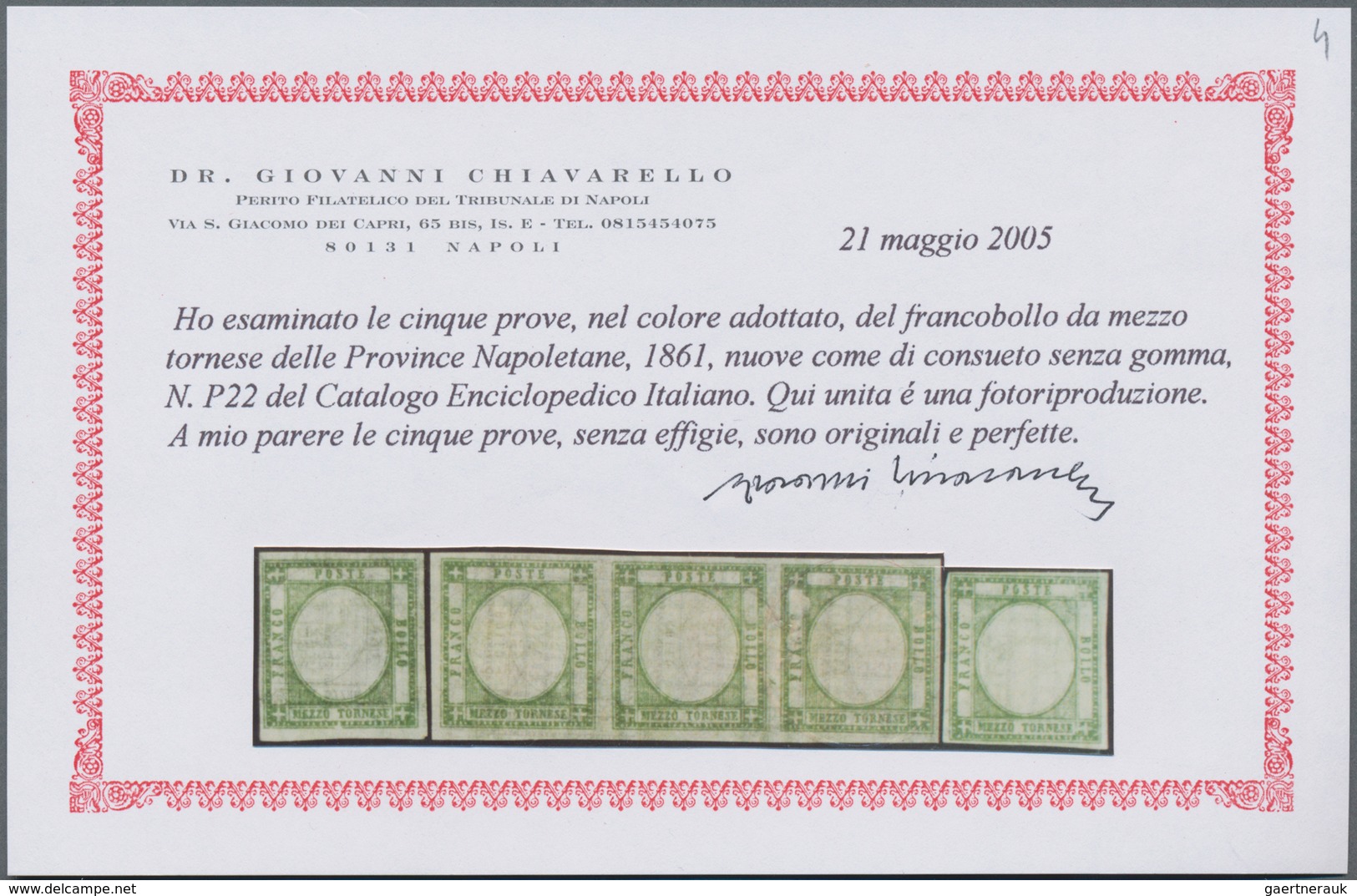 Italien: 1861, 1/2 Tor Green 5 Trial Prints (strip Of Three And 2 Single) Without Embossing And With - Marcophilia