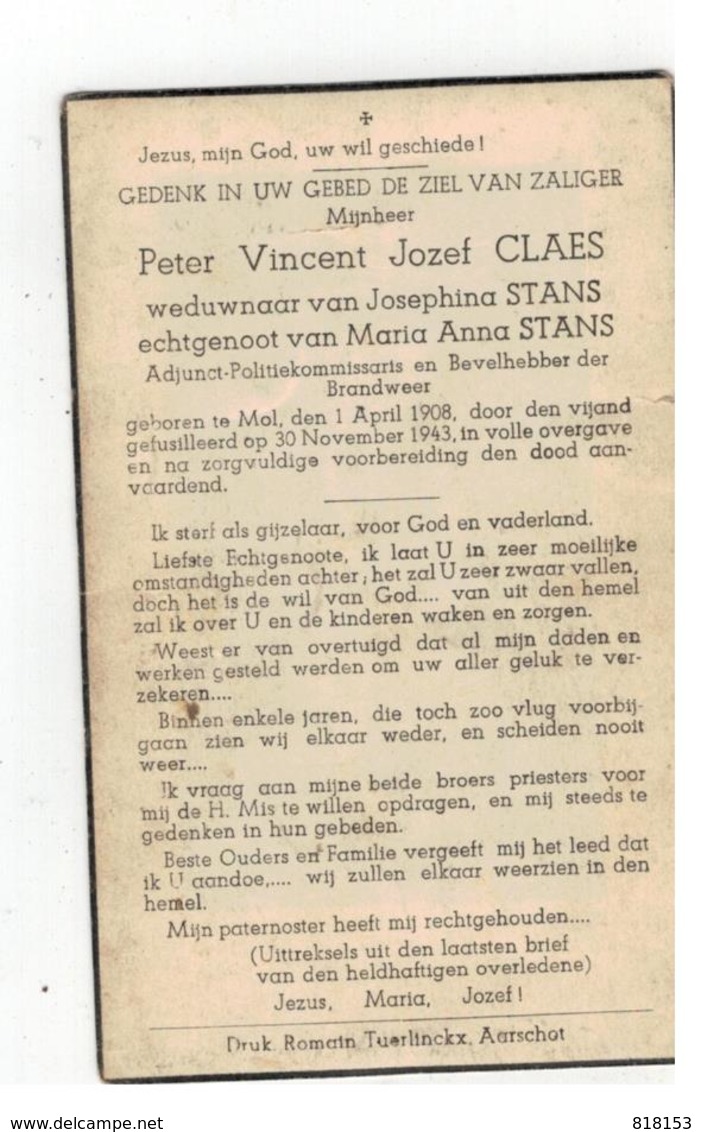 DP Peter Vincent CLAES Geb. Mol 1908,wedn.v Josephina STANS,echtg.v Maria An.STANS Aarschot,gefusilleerd 1943 Te Antwerp - Religion & Esotericism