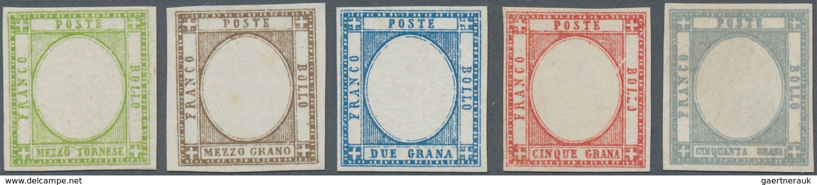 Italien: 1861, PROOF 1/2 Gr Green, 1/2 Gr Brown, 2 Gr Blue, 5 Gr Carmine And 50 Gr Pearl Grey Withou - Marcophilia