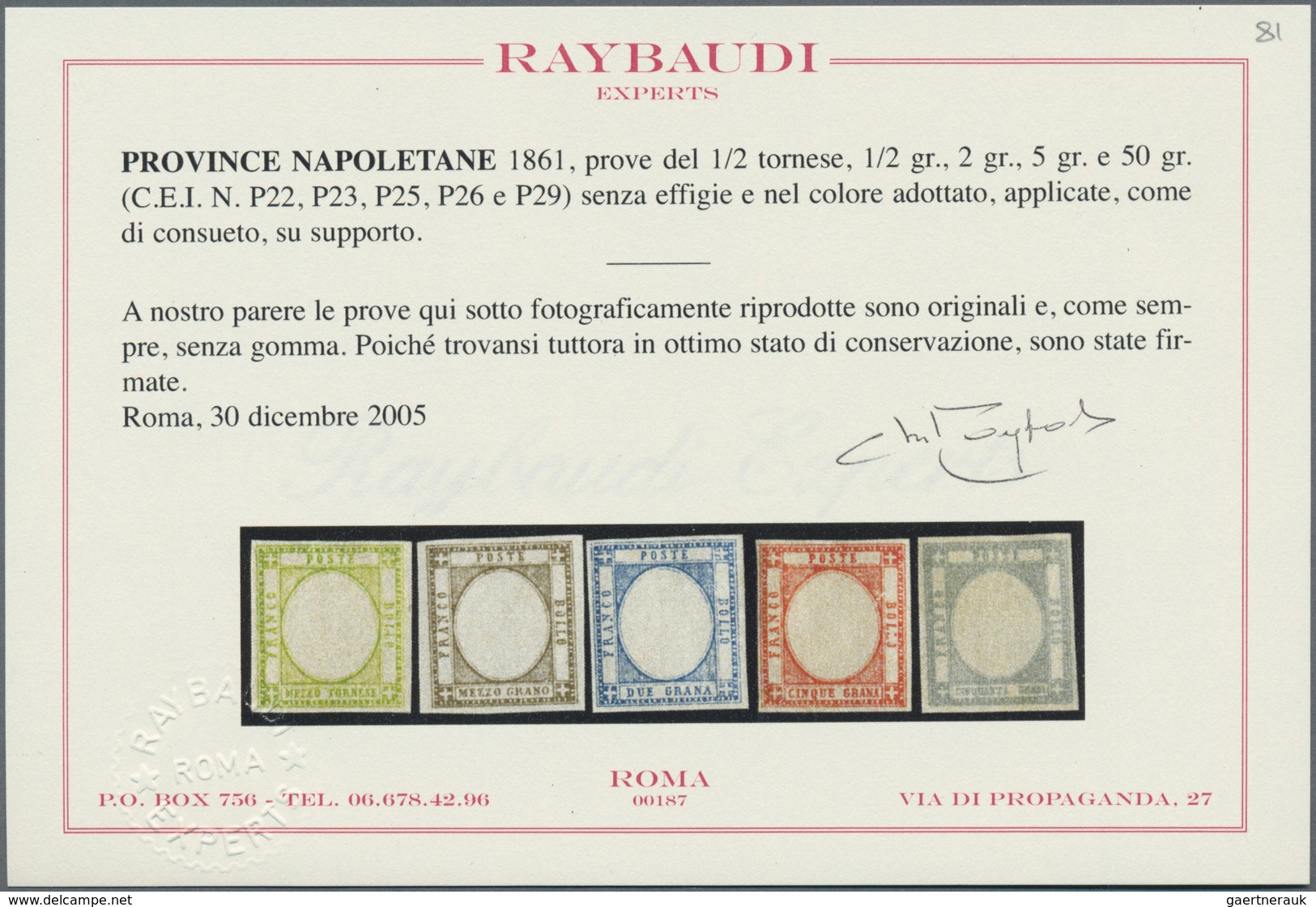 Italien: 1861, PROOF 1/2 Gr Green, 1/2 Gr Brown, 2 Gr Blue, 5 Gr Carmine And 50 Gr Pearl Grey Withou - Marcophilia