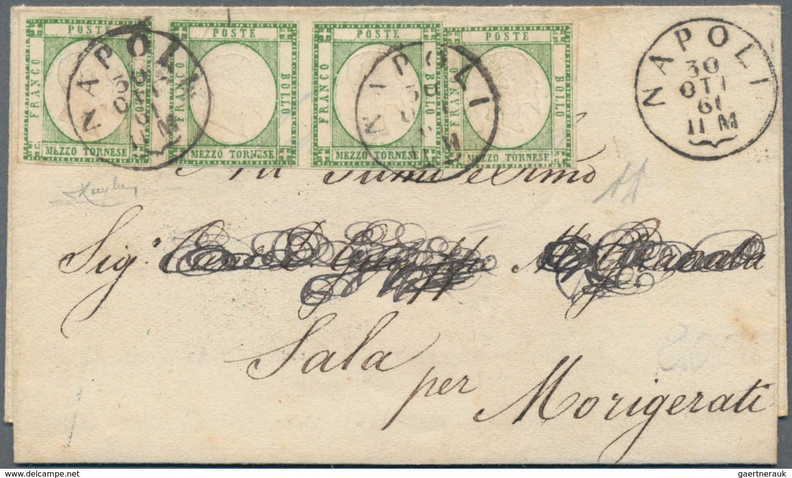 Italien: 1861, 1/2 Tor Yellow-green In Horizontal Strip Of 3 And Single Item Cancelled With Small Ci - Poststempel