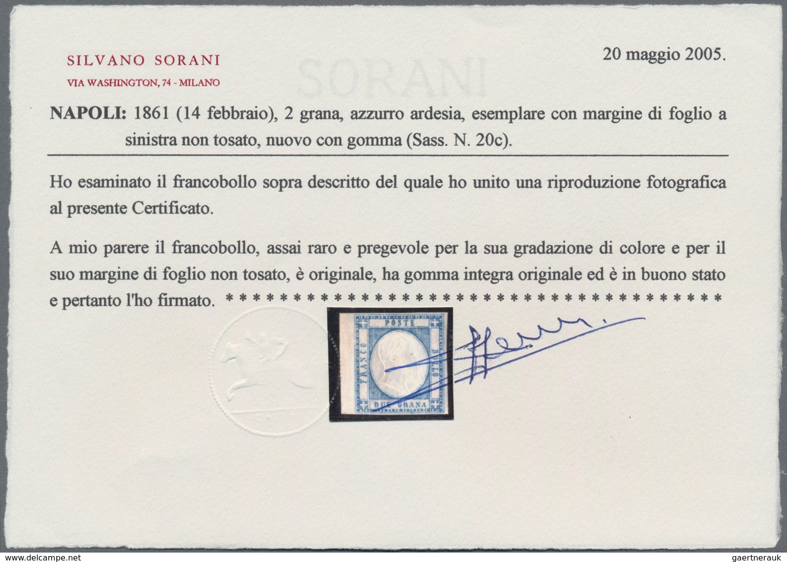 Italien: 1861, 2 Gr Blue From Left Sheet-margin Mint Never Hinged, The Stamp Has Full To Wide Margin - Marcophilia