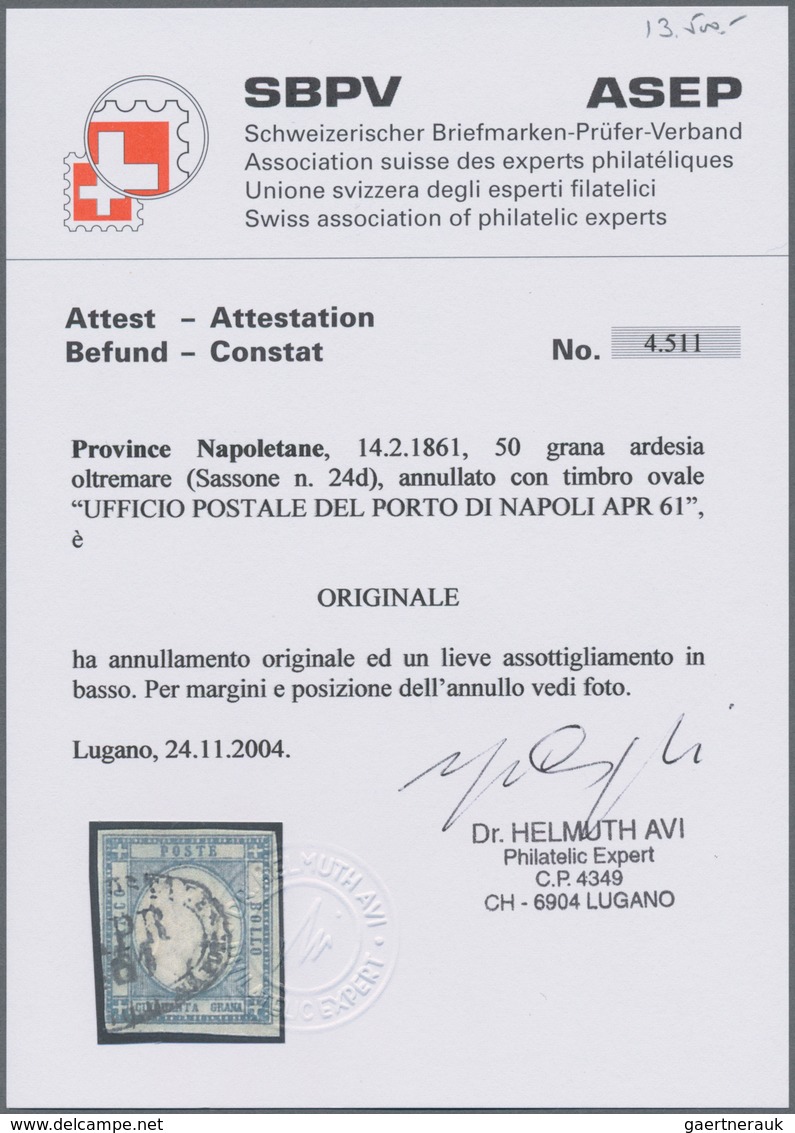 Italien: 1861, 50 Gr Slate-grey Tied By Oval Cancel "UFFICIO POSTALE DEL PORTO DI NAPOLI", The Stamp - Marcophilia