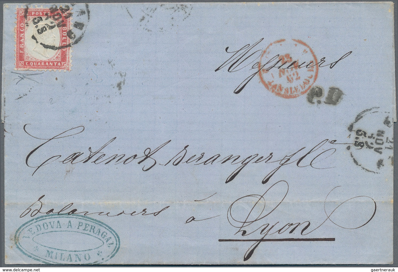 Italien: 1862, 40 C Karmin Cancelled With Circle MILANO On Cpl. Folded Letter To LYON/France, Beside - Poststempel