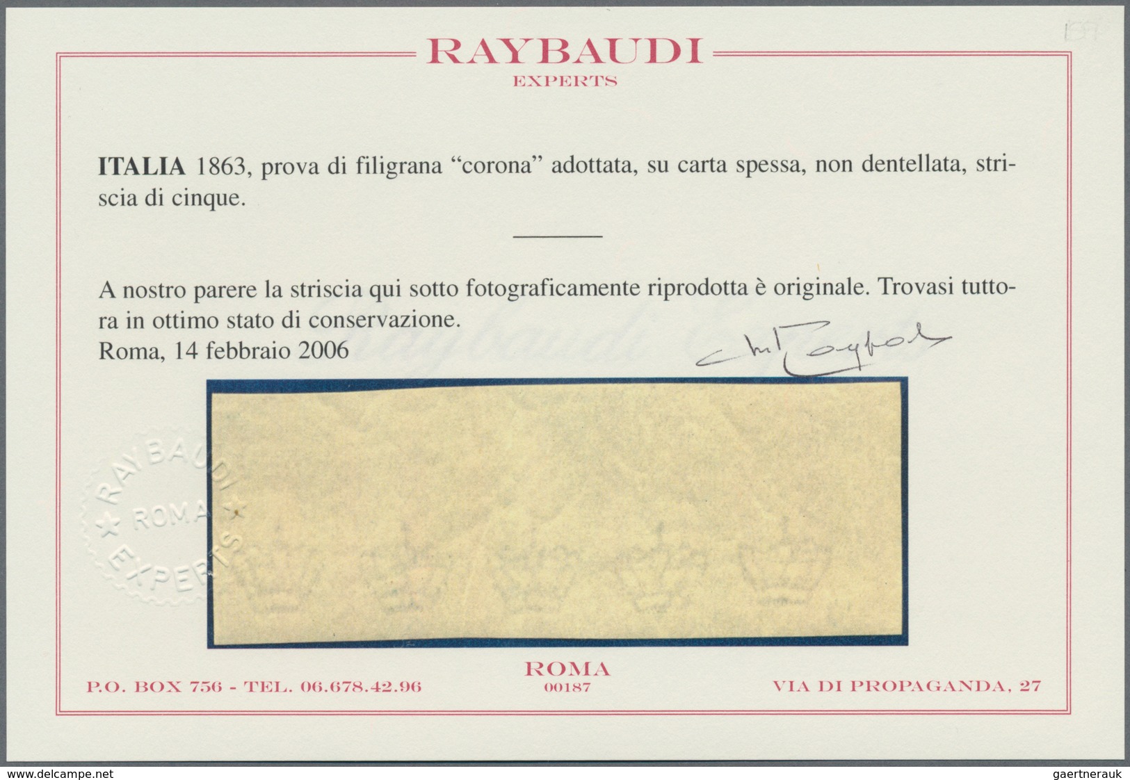 Italien: 1863, Imperforated Item As Proof Of The CROWN-watermark In Strip Of 5 Without Print On Thin - Marcophilia