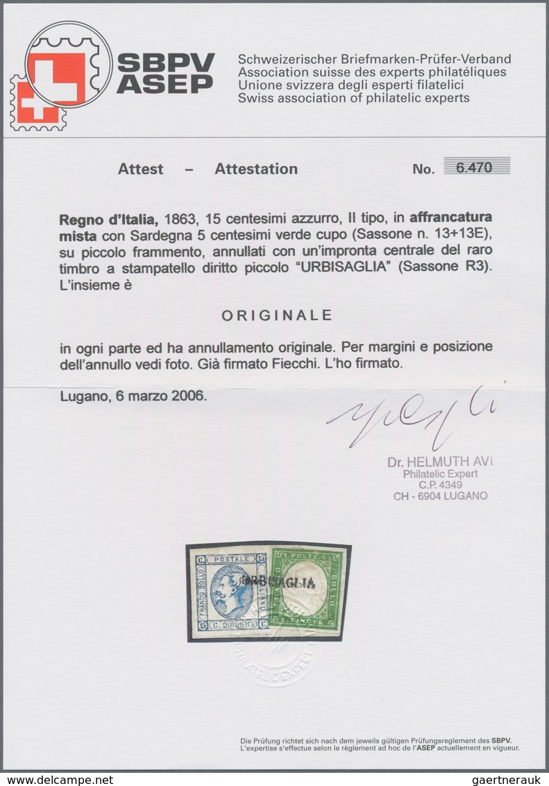 Italien: 1863, 15 C Blue Type II Mixed Franking With SARDINIA 5 C Dark Green Centric Cancelled With - Marcophilia