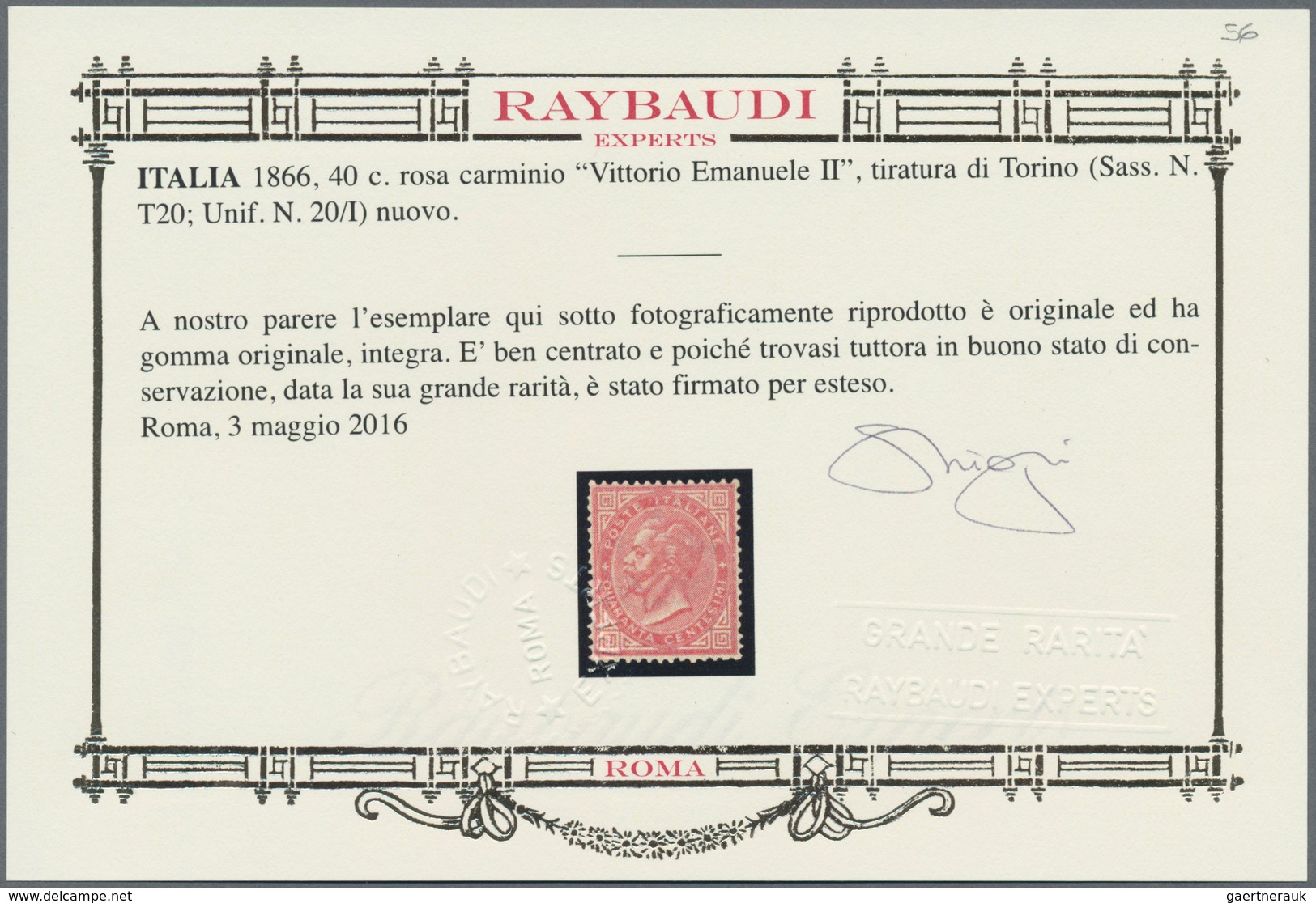 Italien: 1866. 40 C Carmine Rose, Turin Printing, Mint Never Hinged With Full Original Gum, Perfect - Marcophilia