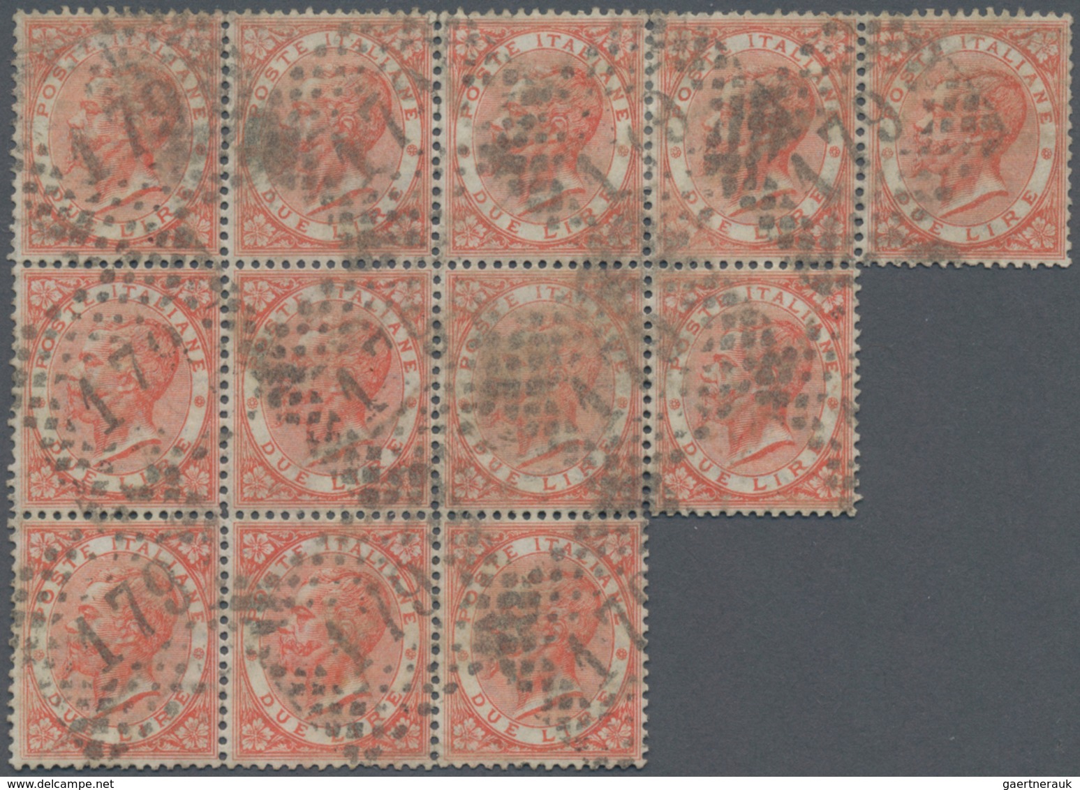 Italien: 1863. 2 L Pale Scarlett Red, "VEII", Irregular Block Of TWELVE, Cancelled By 11 Strikes Or - Marcophilia