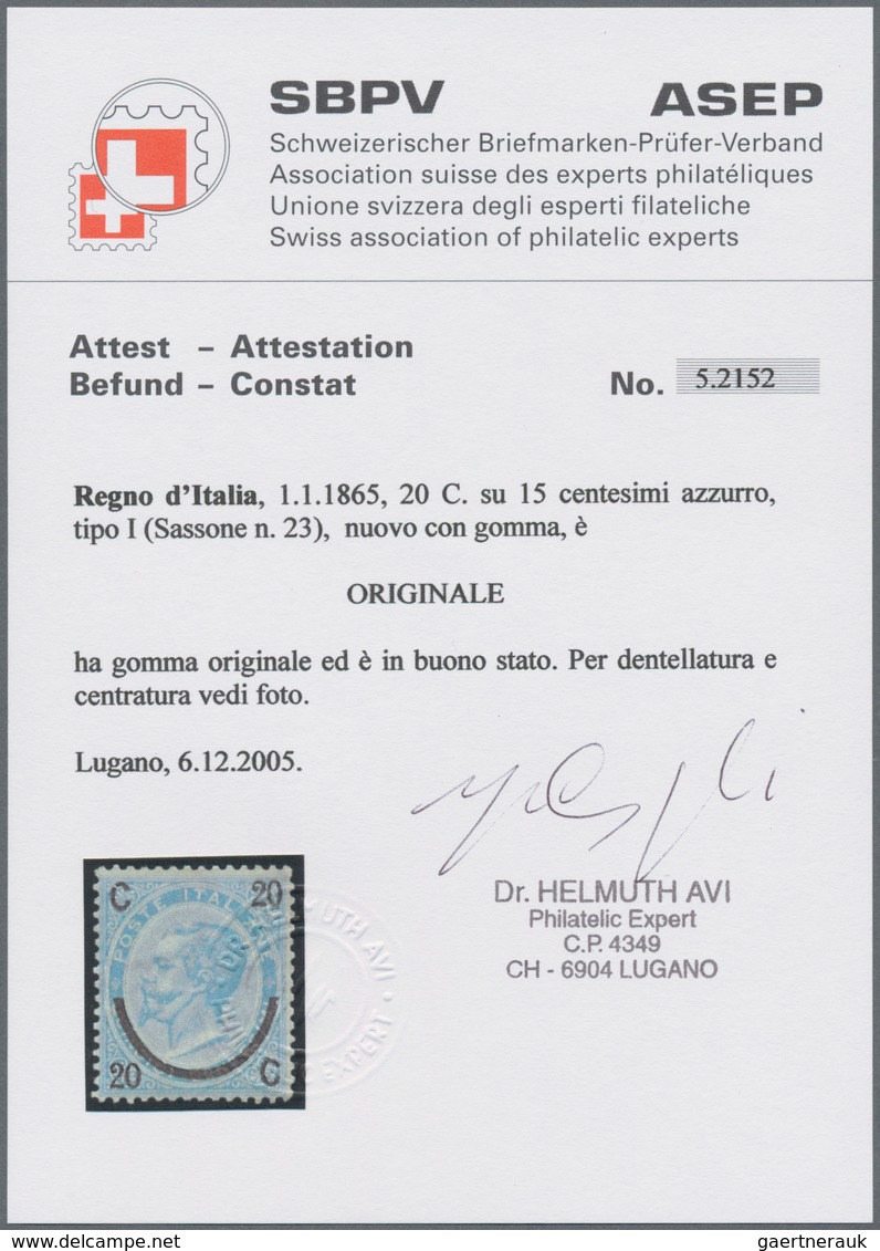 Italien: 1865, 20 C On 15 C Blue In Type I Mint With A Hinge, The Stamp Is Well Perforated And Centr - Marcophilia