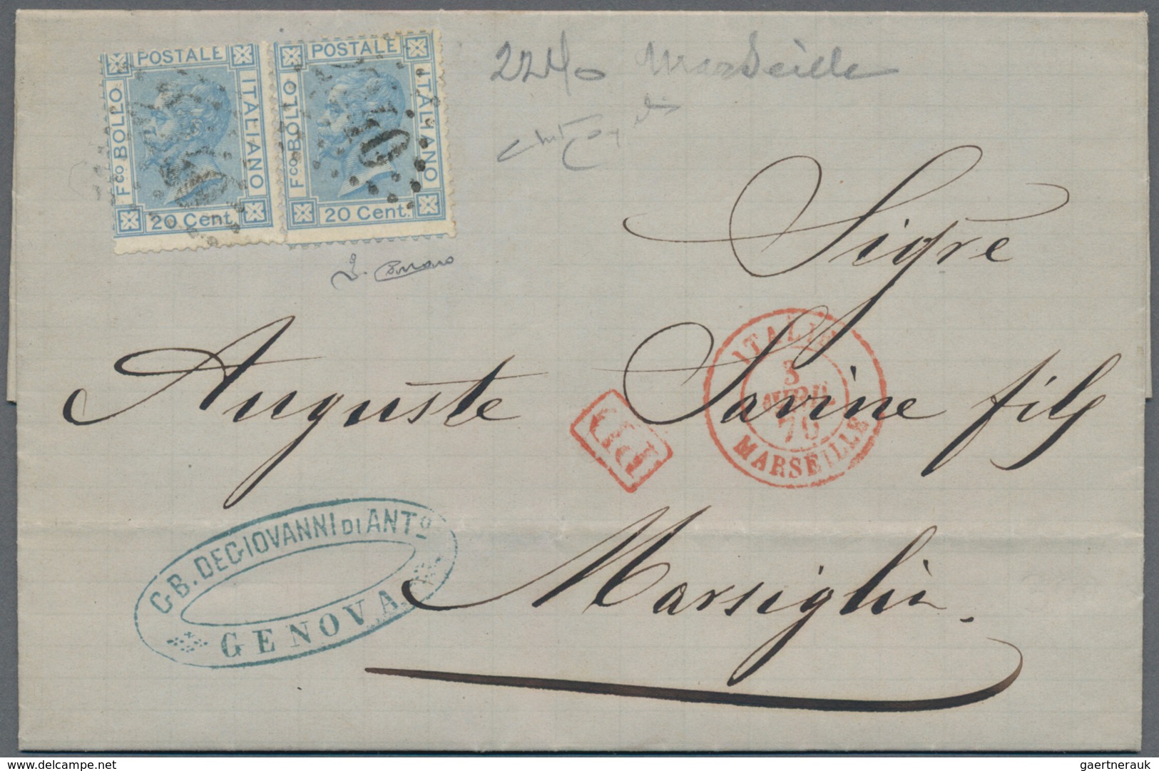 Italien: 1870, 20 C Light Blue Two Copies Cancelled With "2240" Marseille On Complete Folded Letter - Marcophilia