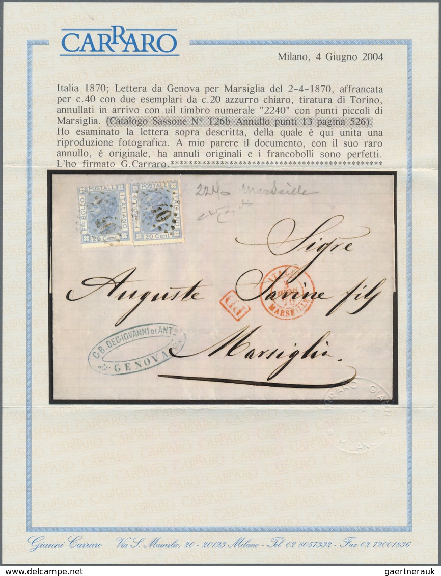 Italien: 1870, 20 C Light Blue Two Copies Cancelled With "2240" Marseille On Complete Folded Letter - Marcophilia