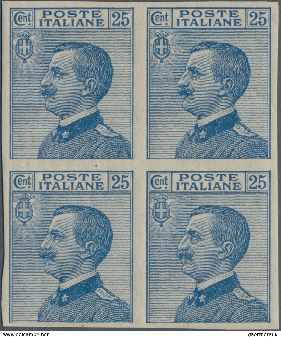 Italien: 1908, Victor Emanuel III. 25c. Blue IMPERFORATE Block Of Four, Upper Stamps Mint Hinged And - Marcophilia