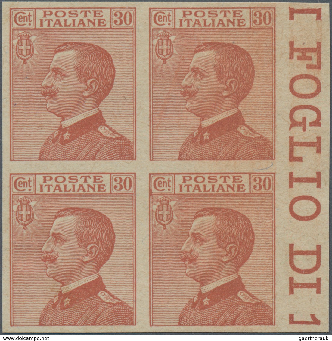 Italien: 1912, 30 C Brown-orange Imperforated Proof In Block Of 4 With Right Sheet-margin, Unused Wi - Marcophilia