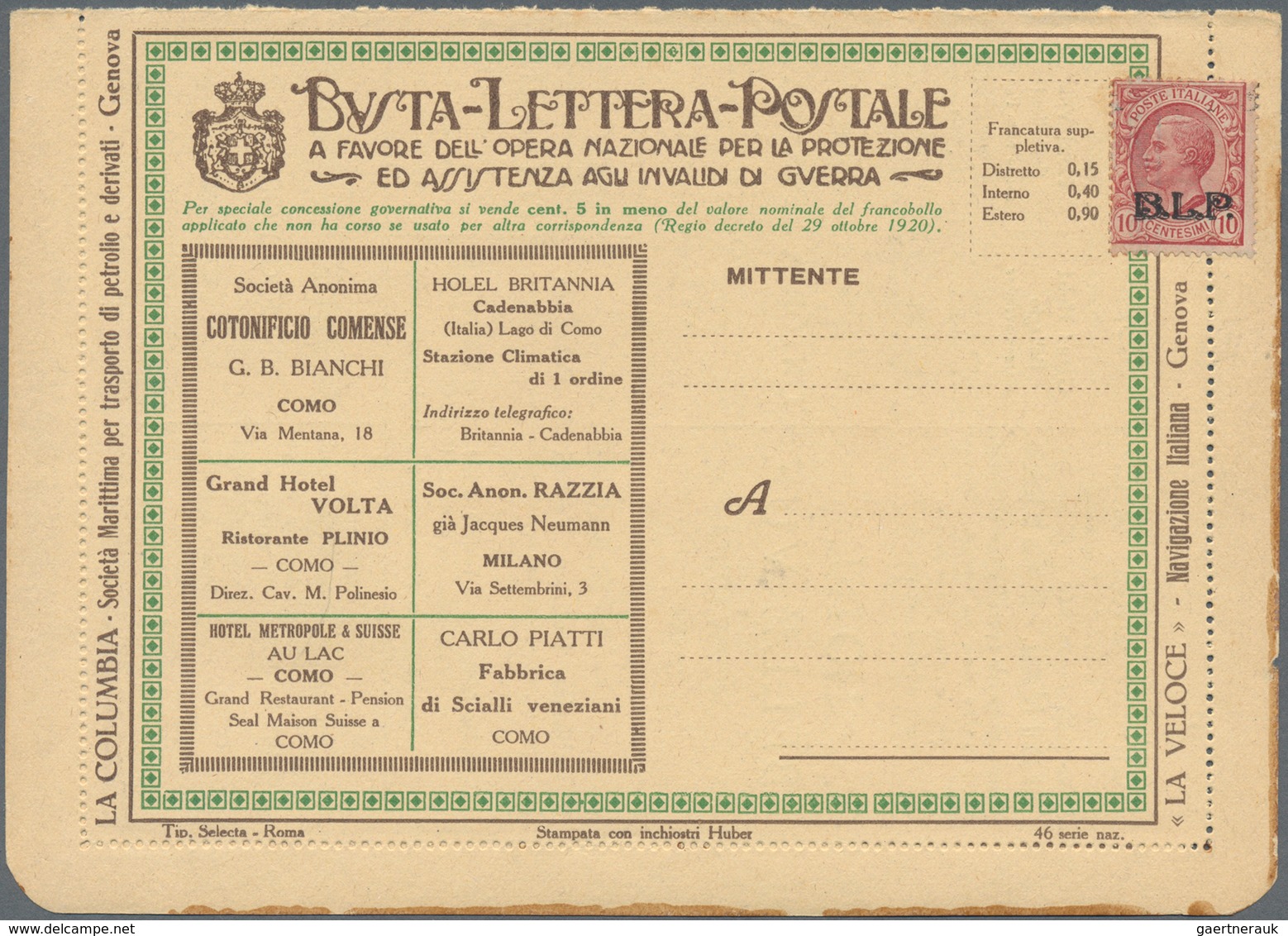 Italien: 1921, Viktor Emanuel 10c. Rose With Black Opt. 'B.L.P' On Front Of Unused Lettercard (Busta - Marcophilia