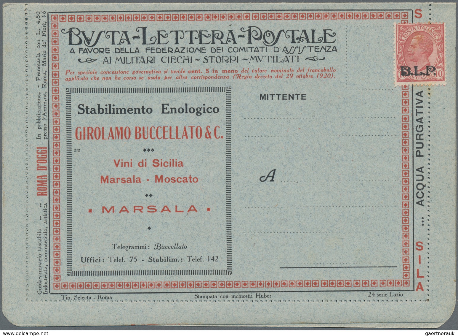 Italien: 1921, Viktor Emanuel 10c. Rose With Black Opt. 'B.L.P' On Lettercard (Busta Lettera Postale - Marcophilia