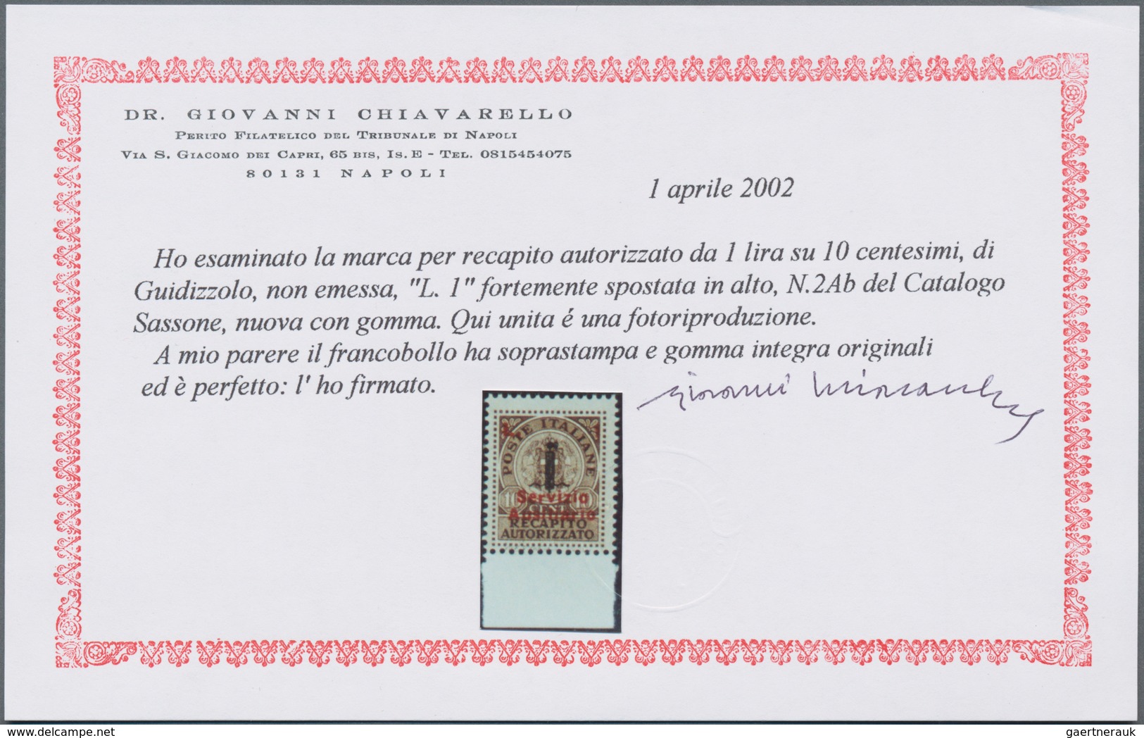 Italien - Gebührenmarken: Briefzustellung: 1944, "1 L" And "Servizio Ausiliario" Red Overprints On 1 - Fiscale Zegels