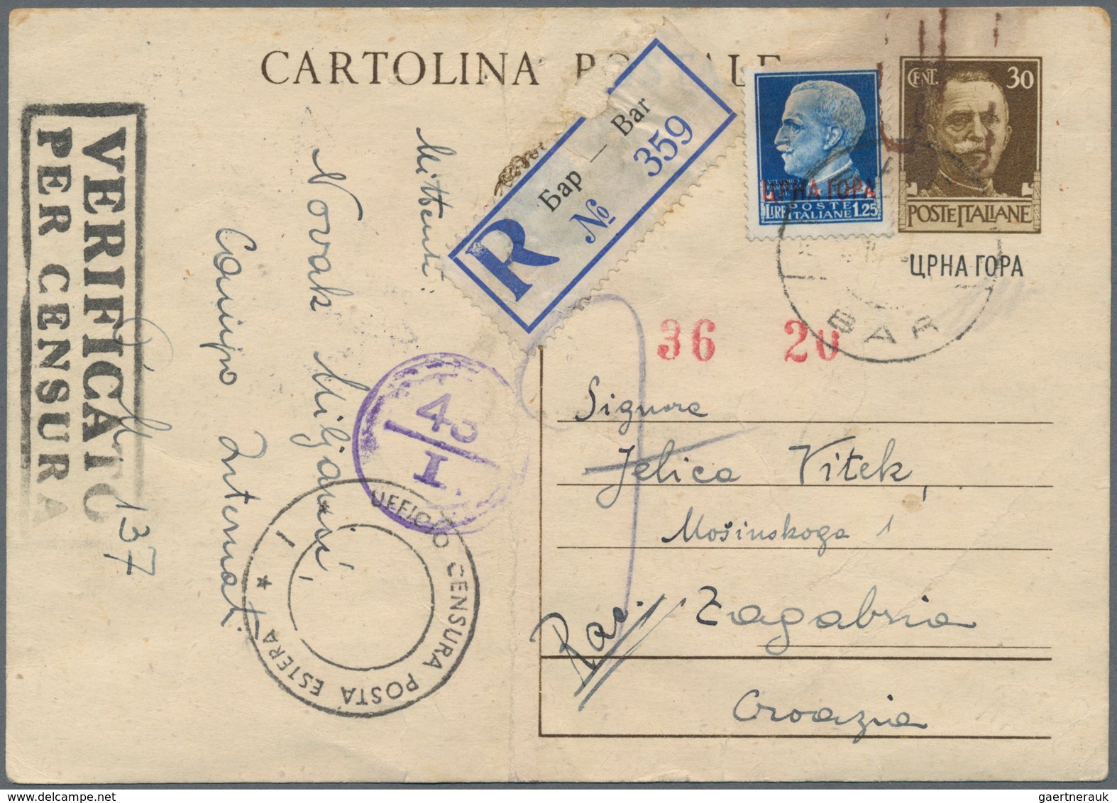 Italienische Besetzung 1941/43 - Montenegro: 1943, Antivari Concentration Camp, Stationery Card 30c. - Montenegro