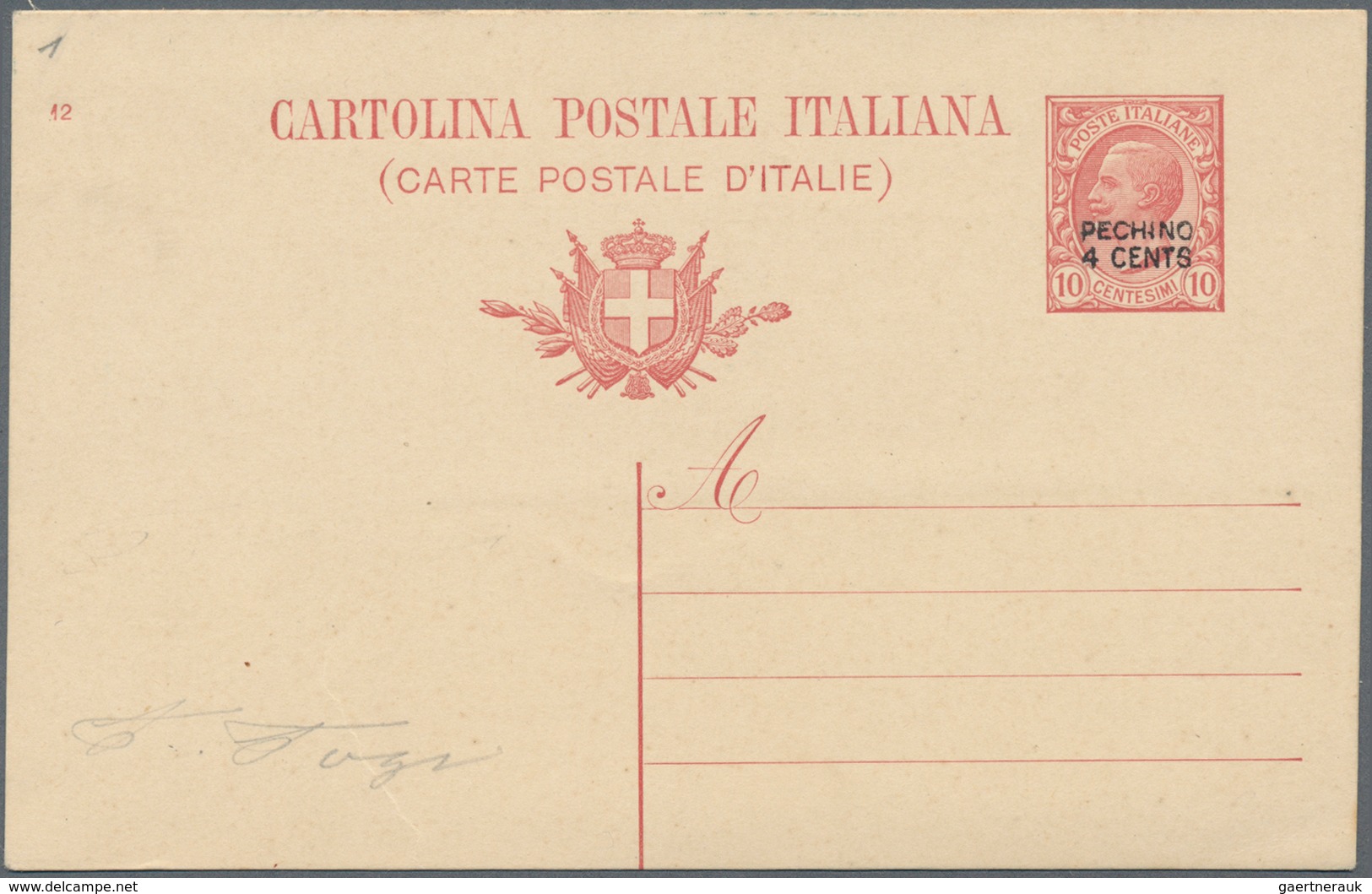 Italienische Post In China: 1917: Italian 10 C "Leoni" With Hand Overprint " PECHINO 4 CENTS", Fine - Tientsin