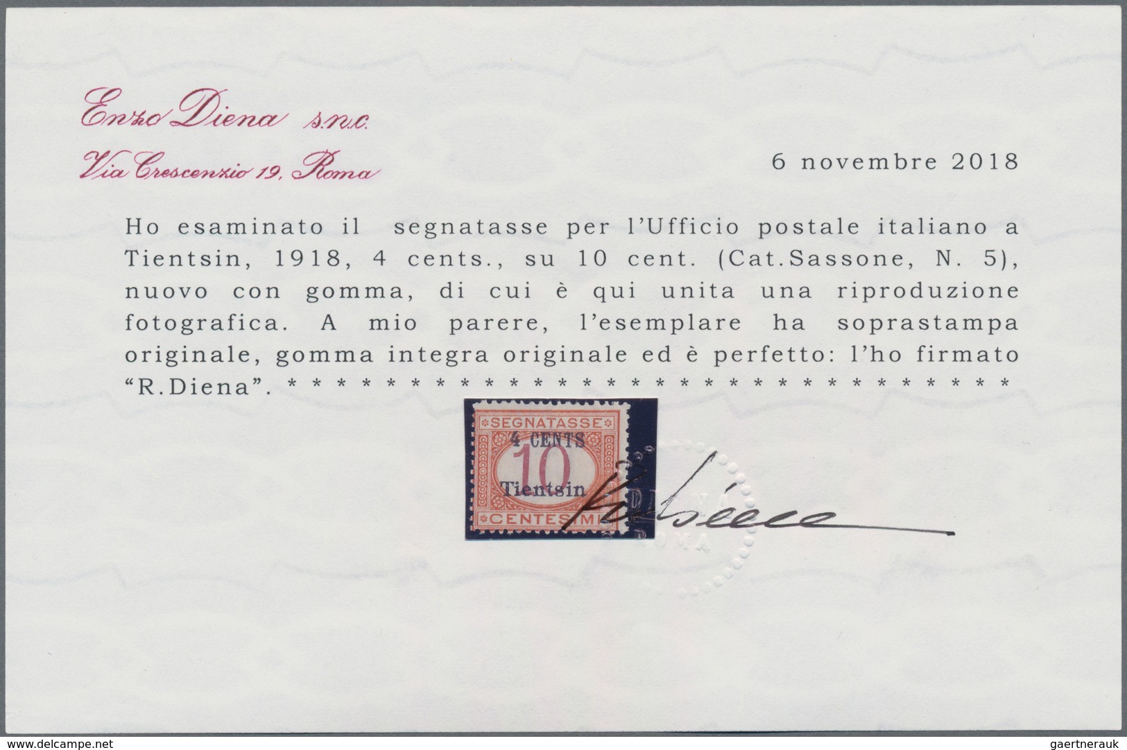 Italienische Post In China: 1918. Postage Due. "4 CENTS Tientsin" Overprint On 10 C Italian Postage - Tientsin