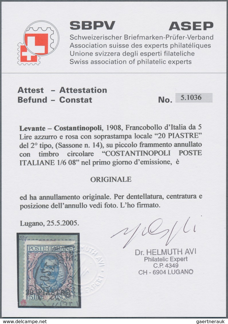 Italienische Post In Der Levante: 1908, 20 Pia On 5 L Blue/pink Tied By Circle Cancel "CONSTANTINOPE - General Issues