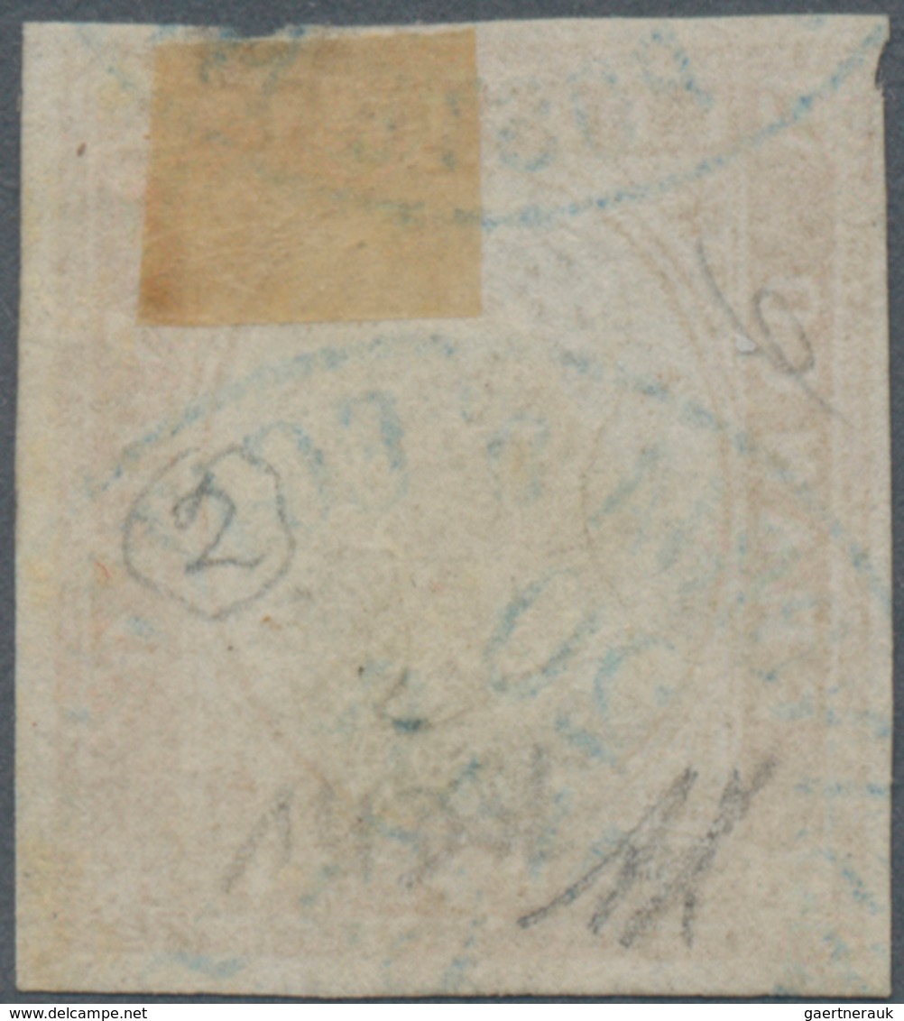 Italienische Post In Der Levante: 1863, Italy 10 C Yellow-brown Tied By Blue One-circle Cancel "ALES - Amtliche Ausgaben
