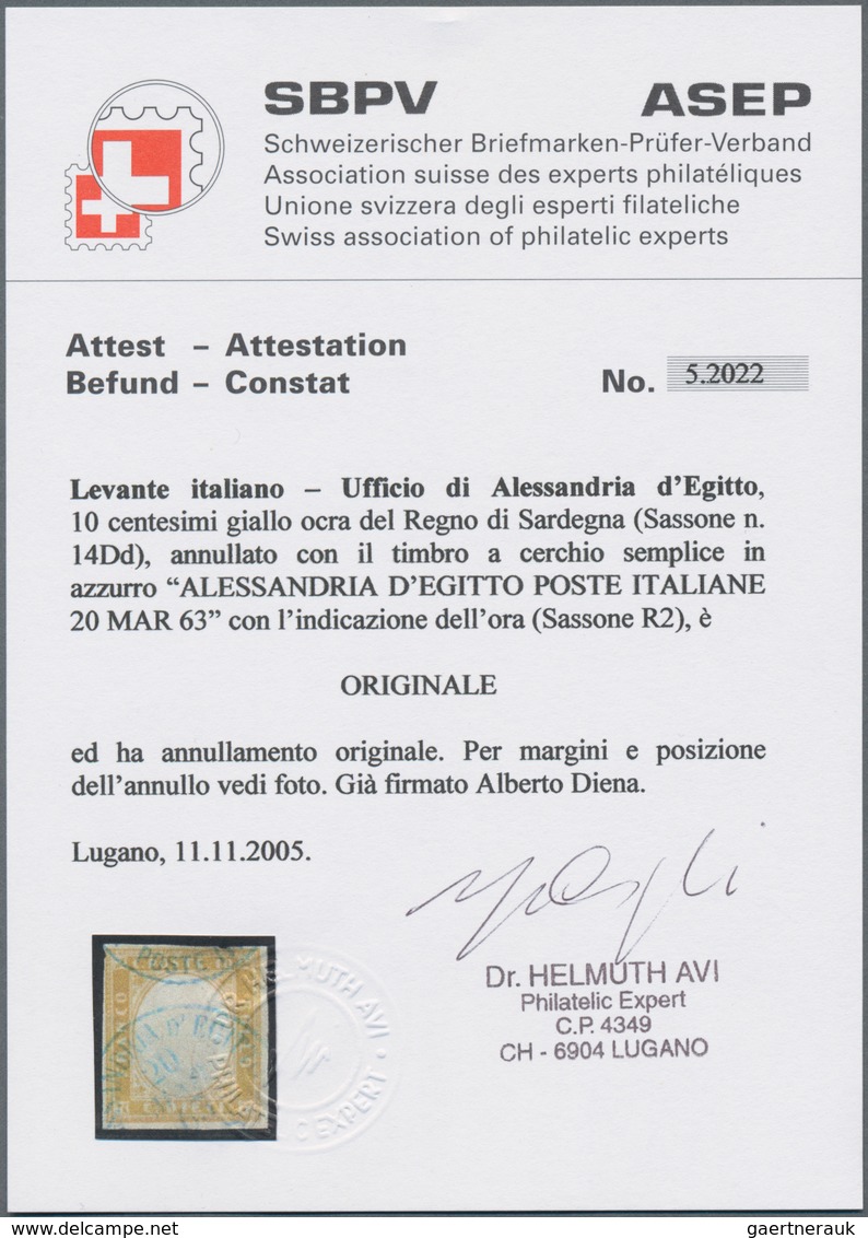 Italienische Post In Der Levante: 1863, Italy 10 C Yellow-brown Tied By Blue One-circle Cancel "ALES - Amtliche Ausgaben