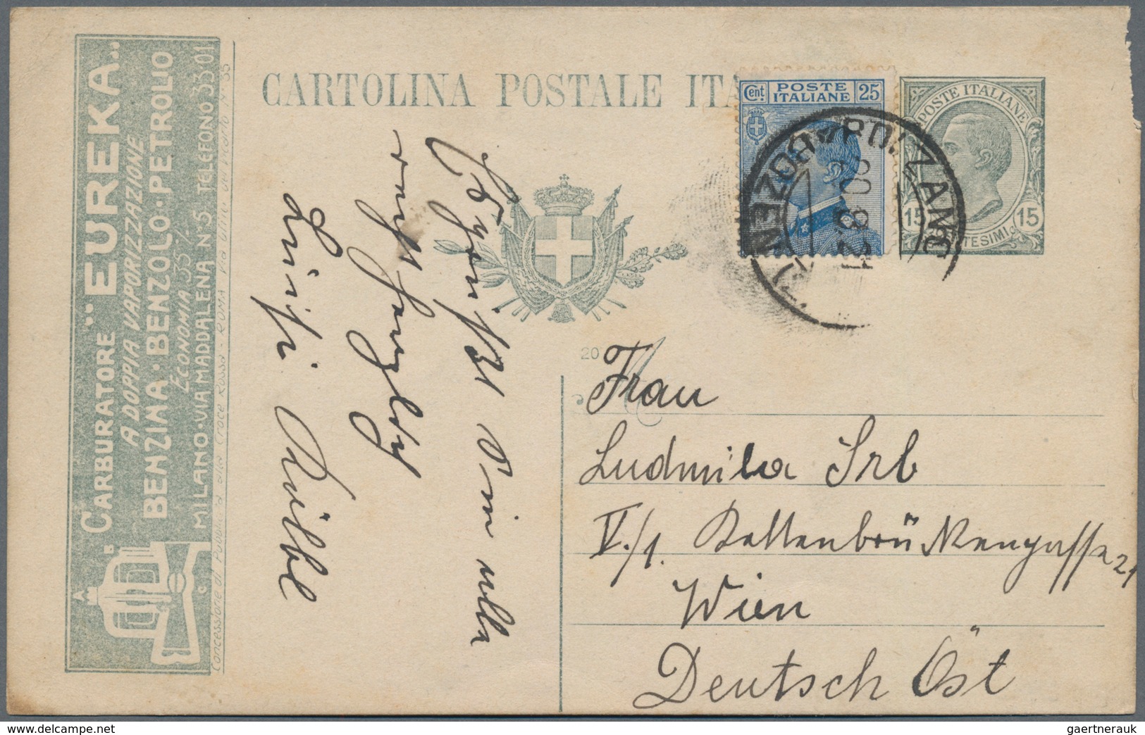 Italien - Ganzsachen: 1919. 15 C Grey Postal Stationery Card With RARE Advertising For The "Carburat - Stamped Stationery