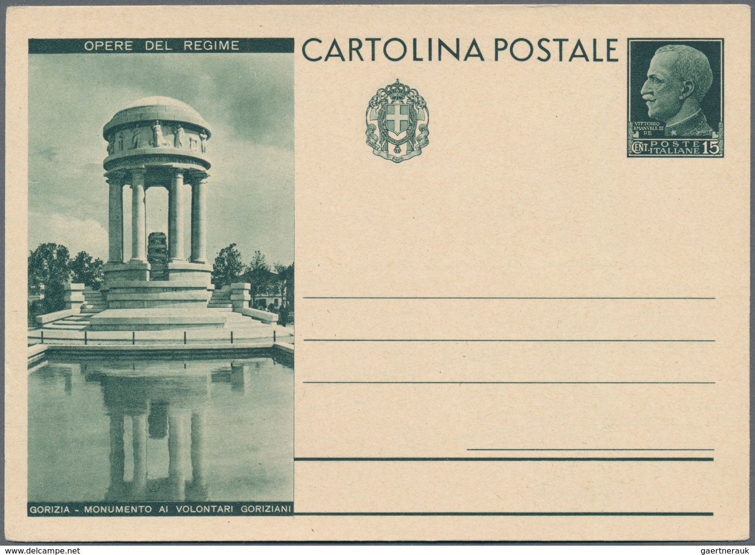 Italien - Ganzsachen: 1933, "OPERE DEL REGIME" (w/o ROMA) 15 C Green Postal Stationery, Large Vignet - Stamped Stationery