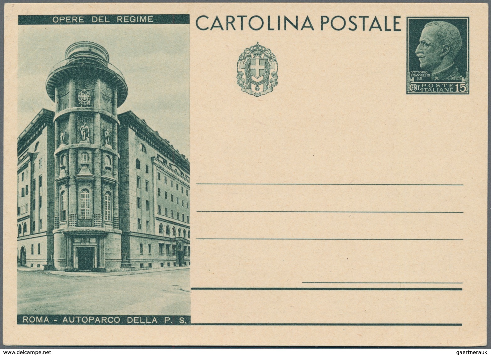 Italien - Ganzsachen: 1933, "OPERE DEL REGIME" (w/o ROMA) 15 C Green Postal Stationery, Large Vignet - Stamped Stationery