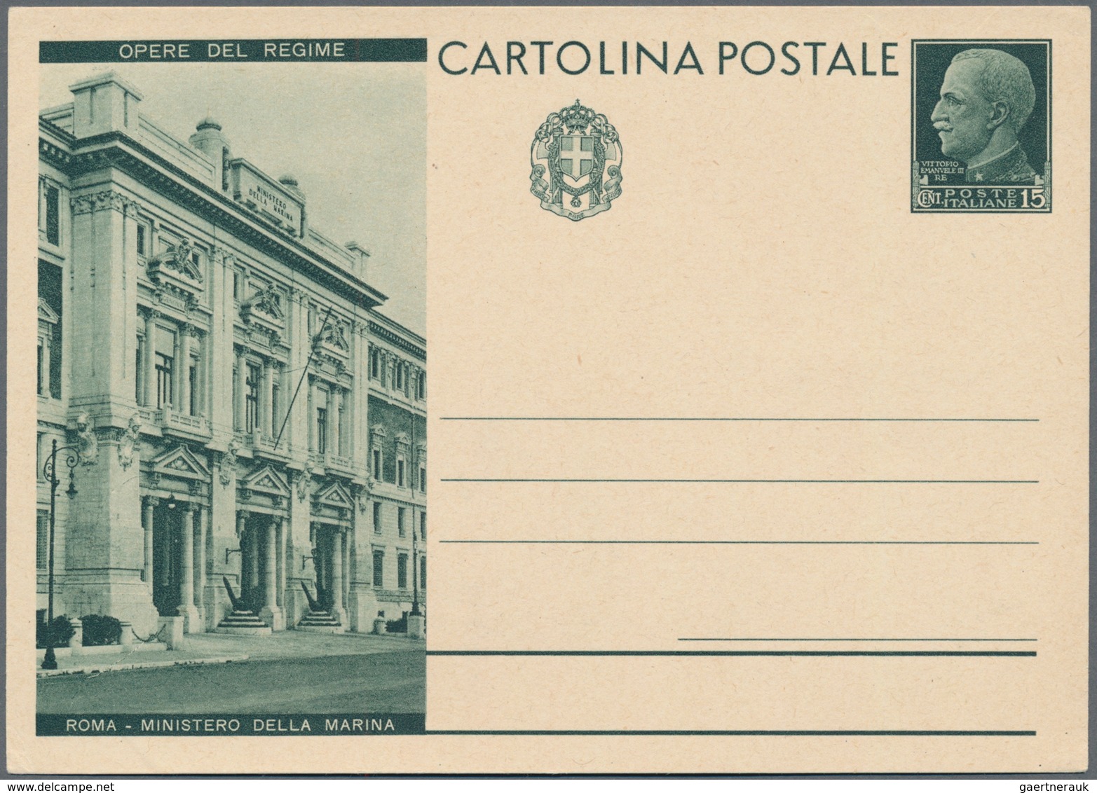 Italien - Ganzsachen: 1933, "OPERE DEL REGIME" (w/o ROMA) 15 c green postal stationery, large vignet