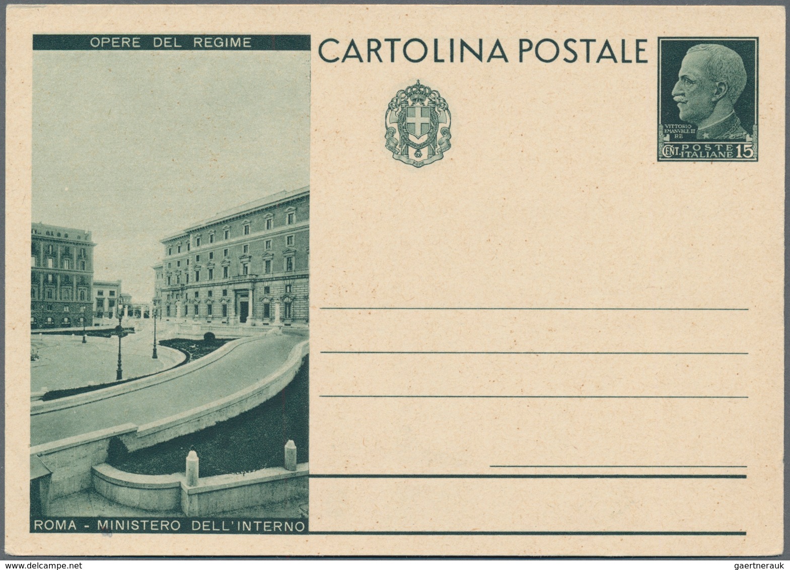 Italien - Ganzsachen: 1933, "OPERE DEL REGIME" (w/o ROMA) 15 c green postal stationery, large vignet