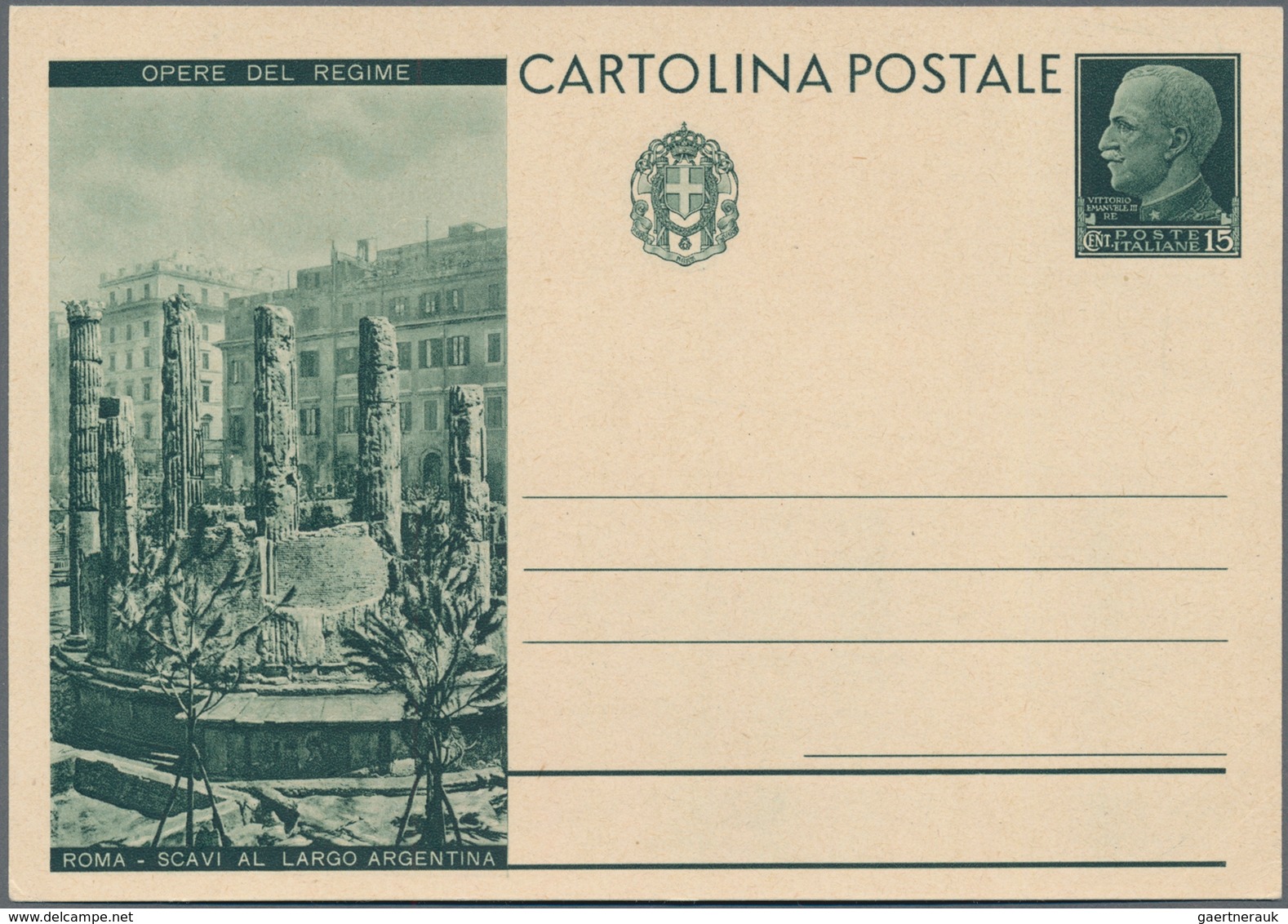 Italien - Ganzsachen: 1933, "OPERE DEL REGIME" (w/o ROMA) 15 c green postal stationery, large vignet