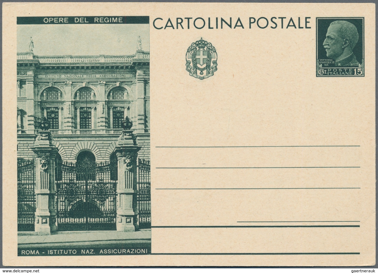 Italien - Ganzsachen: 1933, "OPERE DEL REGIME" (w/o ROMA) 15 c green postal stationery, large vignet