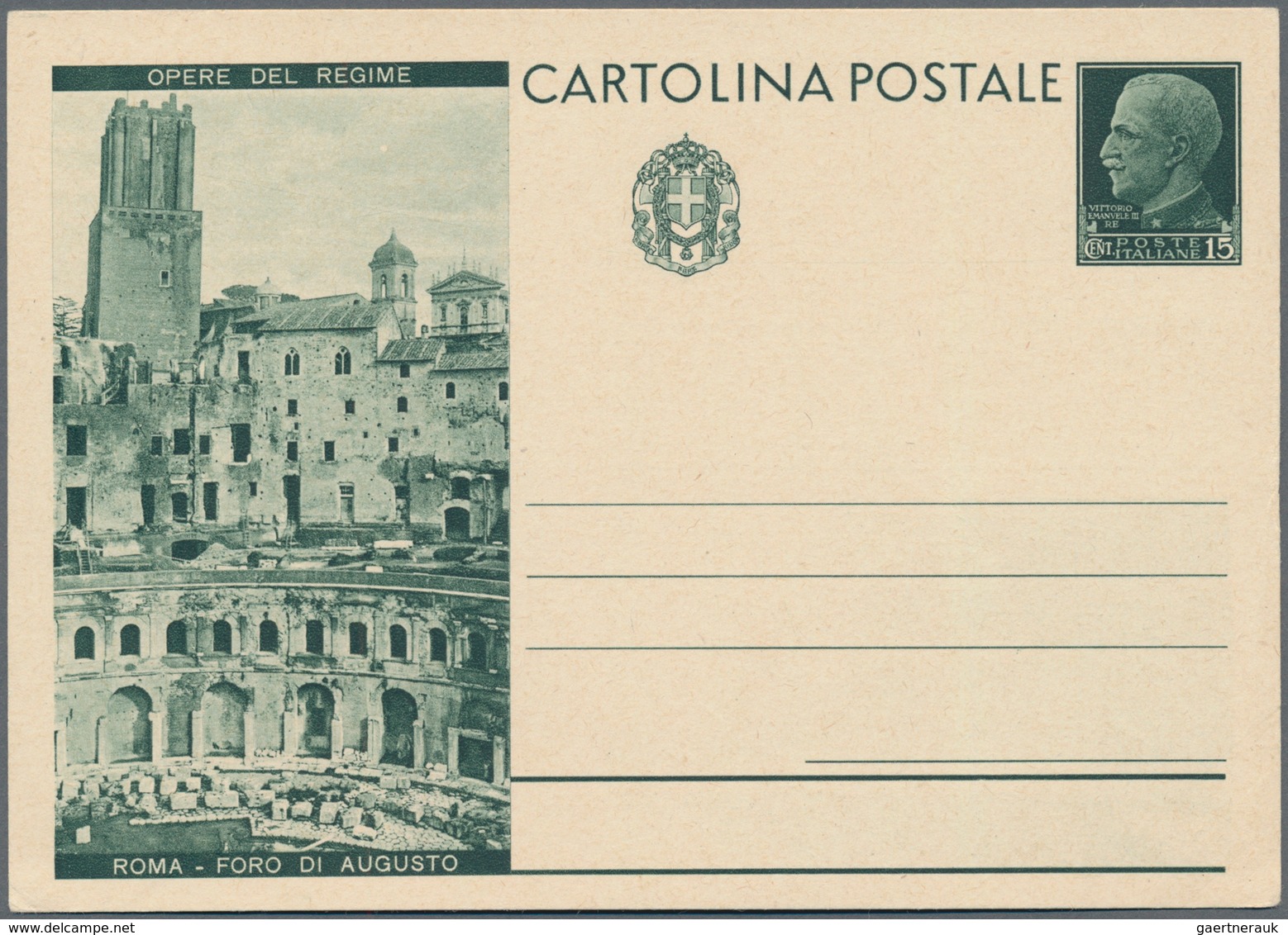 Italien - Ganzsachen: 1933, "OPERE DEL REGIME" (w/o ROMA) 15 c green postal stationery, large vignet