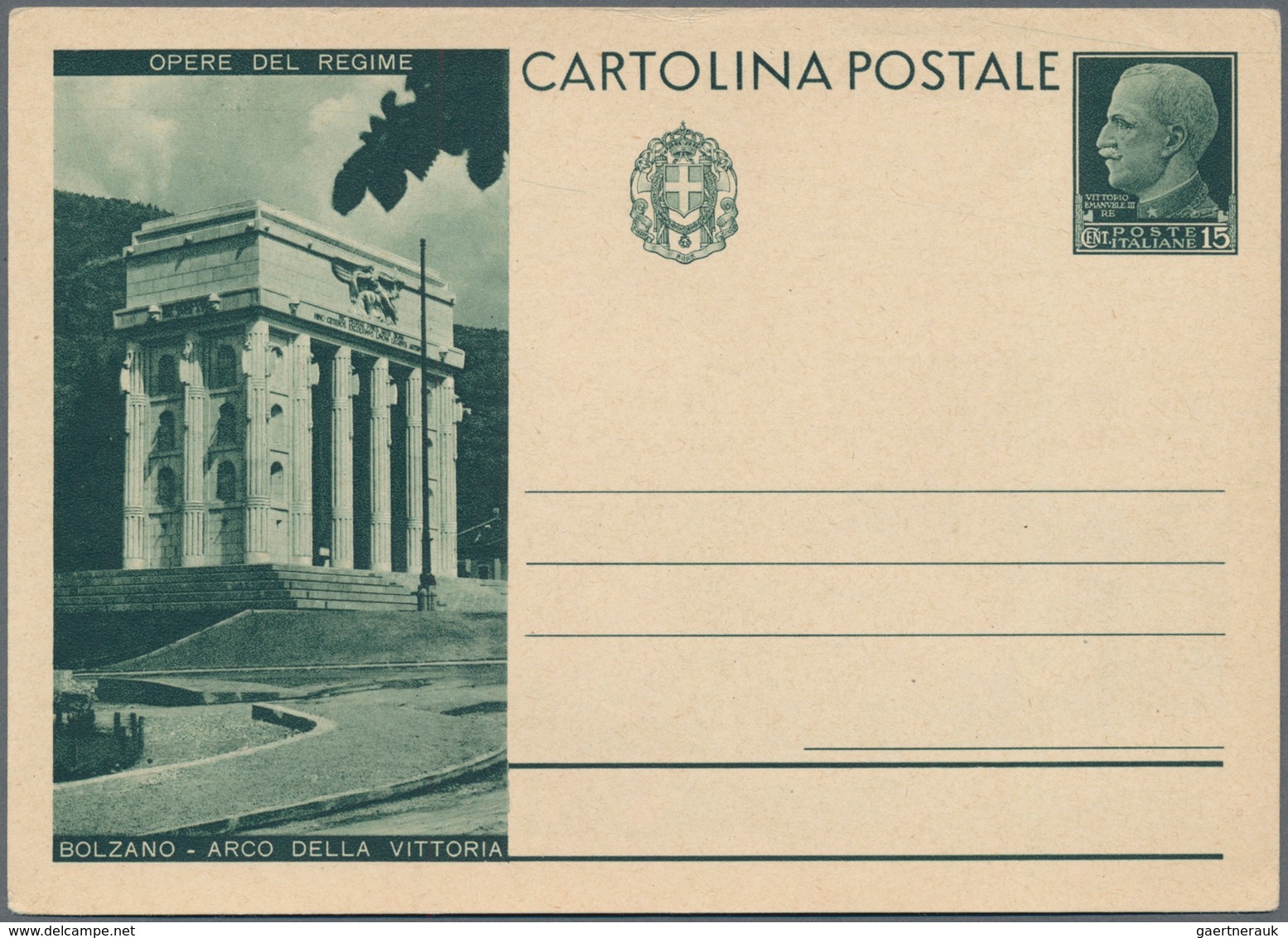 Italien - Ganzsachen: 1933, "OPERE DEL REGIME" (w/o ROMA) 15 c green postal stationery, large vignet