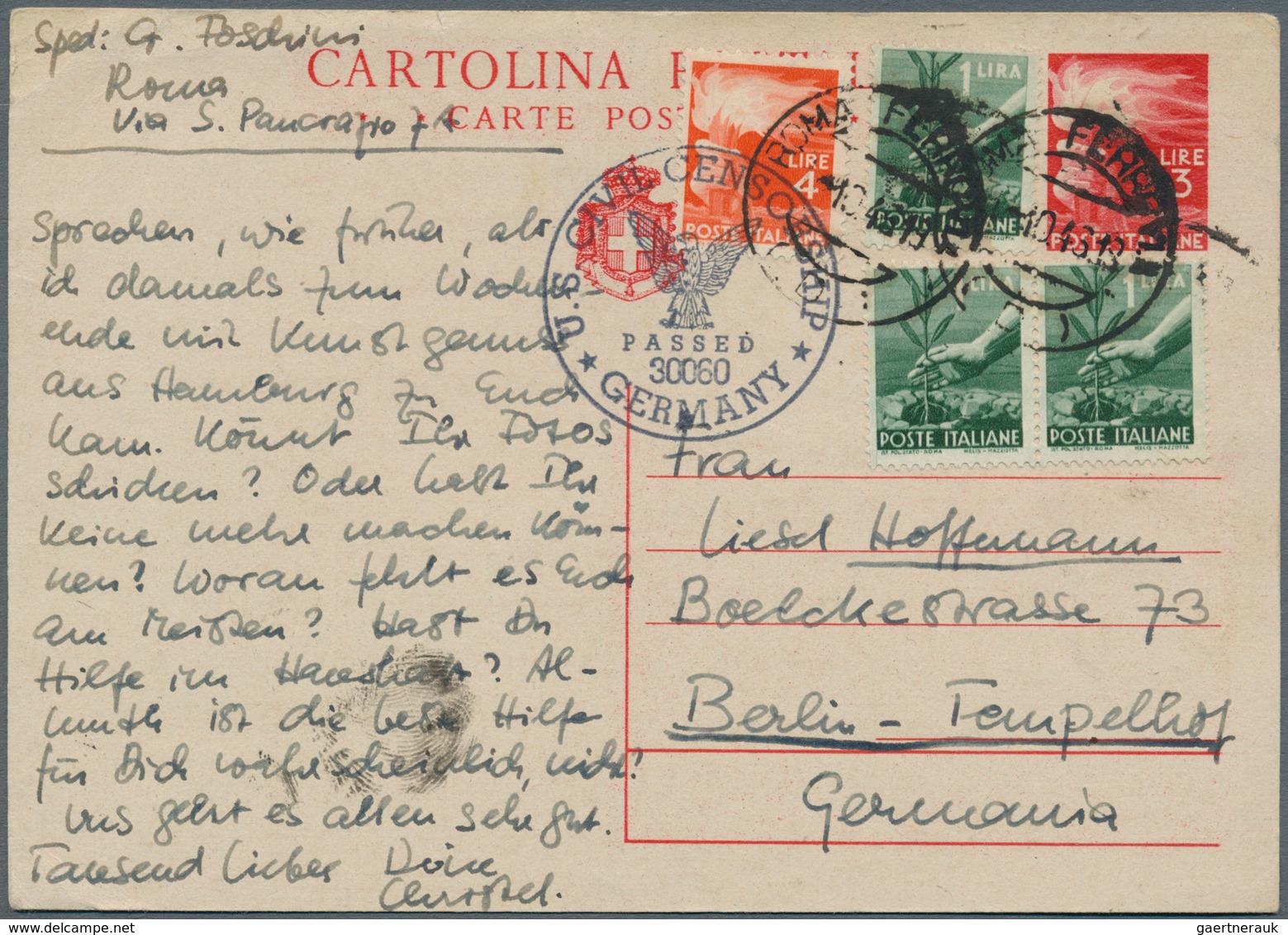 Italien - Ganzsachen: 1945: Postal Stationery Card 3 L. Red, Uprated By 7 L. And Used After WWII Fro - Ganzsachen