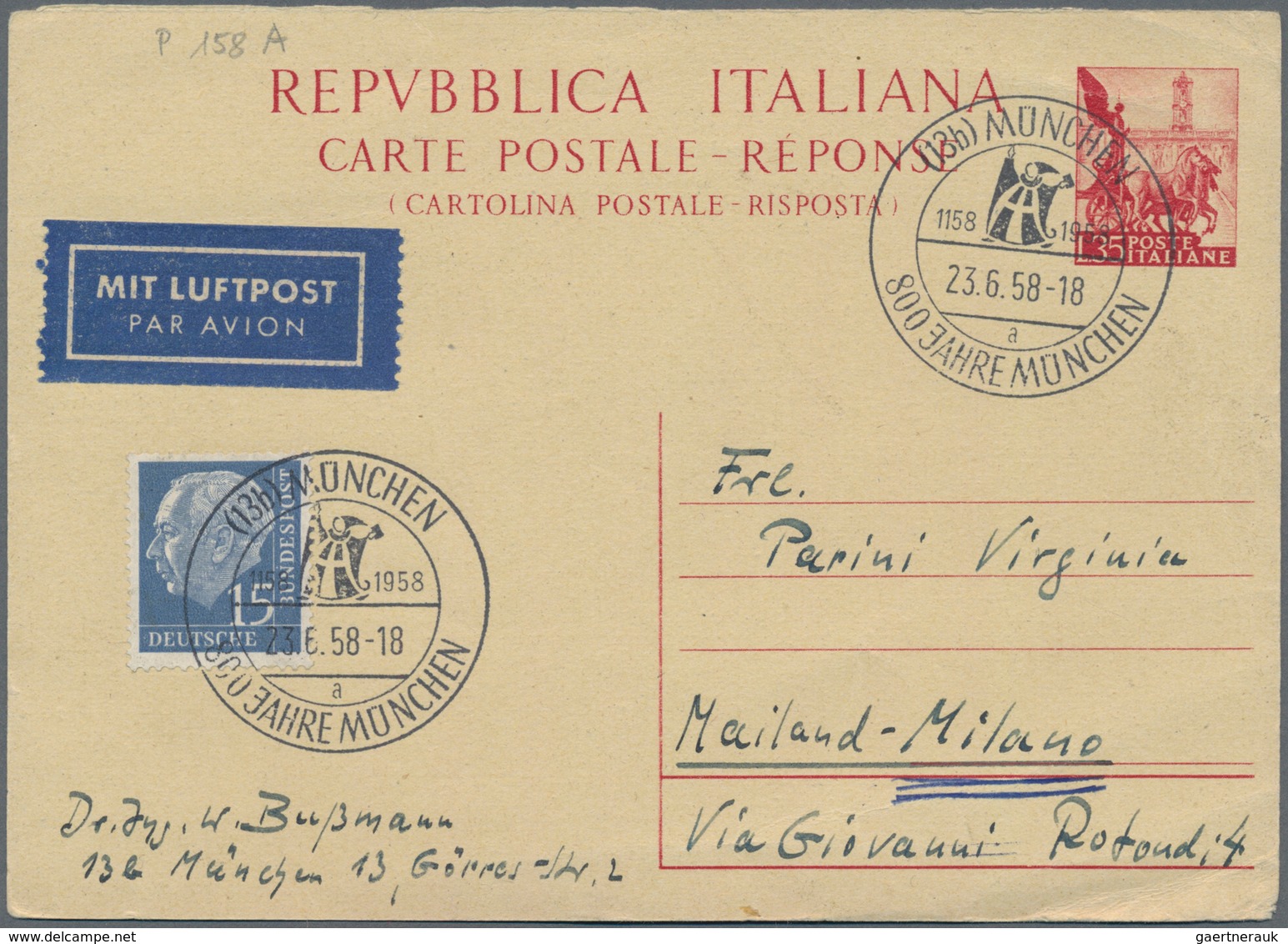 Italien - Ganzsachen: 1951/1958: 35 L Red "Quadriga" Double Postal Stationery Card, Question Part Fr - Ganzsachen