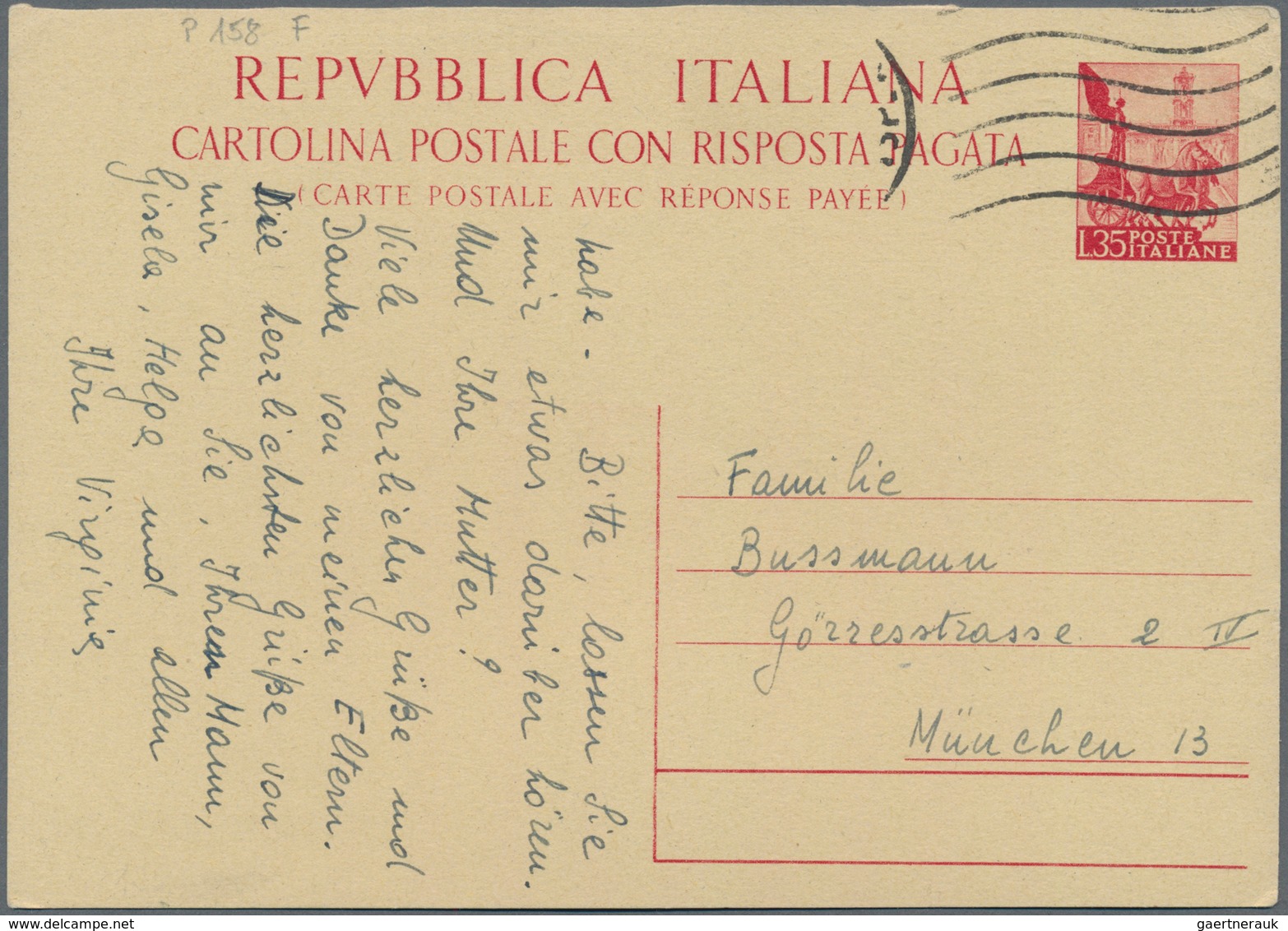 Italien - Ganzsachen: 1951/1958: 35 L Red "Quadriga" Double Postal Stationery Card, Question Part Fr - Stamped Stationery