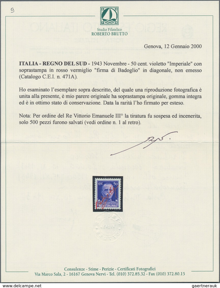 Italien - Besonderheiten: 1943, SOUTH ITALY: 50 C Violet IMPERIAL With Red Overprint Of The Signatur - Ohne Zuordnung