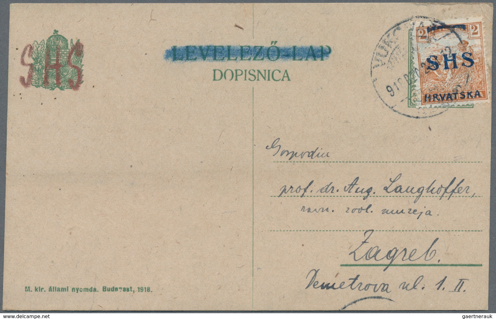 Jugoslawien: 1918, 2 F Ochre 'SHS' Provisional Issue, Single Franking Pasted Over Hungary, 8 F Green - Unused Stamps