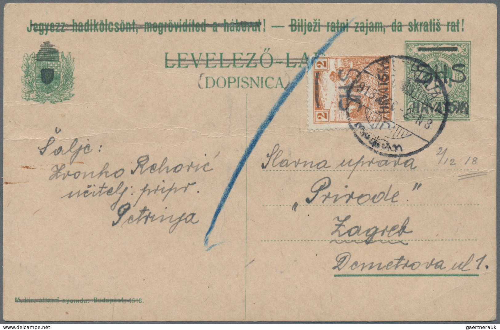 Jugoslawien: 1918, Hungary, 8 F Green, Bilingual (hungarian-croatian) 'war Bonds' Postal Stationery - Neufs