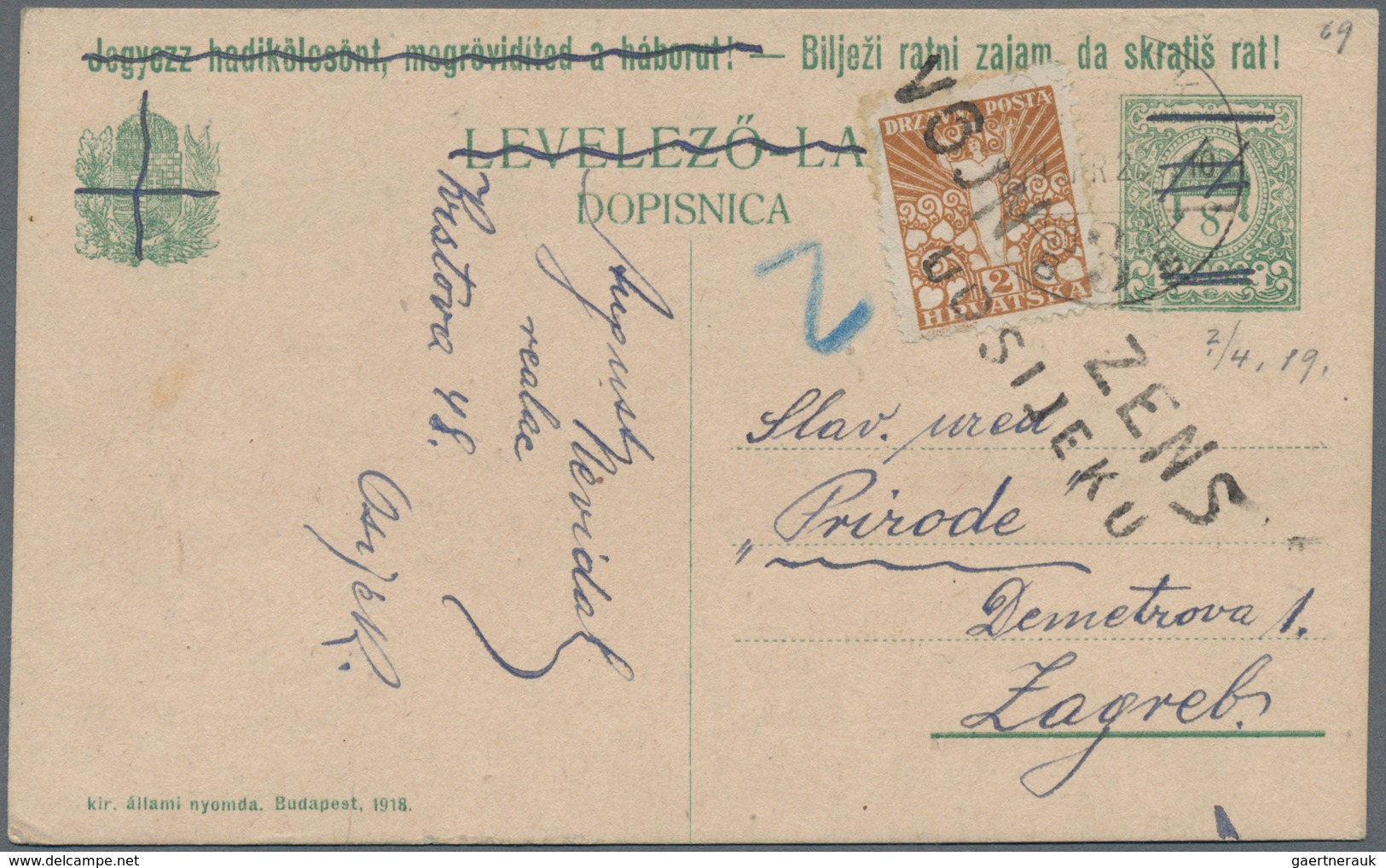 Jugoslawien: 1918, Hungary, 8 F Green, Bilingual (hungarian-croatian) 'war Bonds' Postal Stationery - Unused Stamps