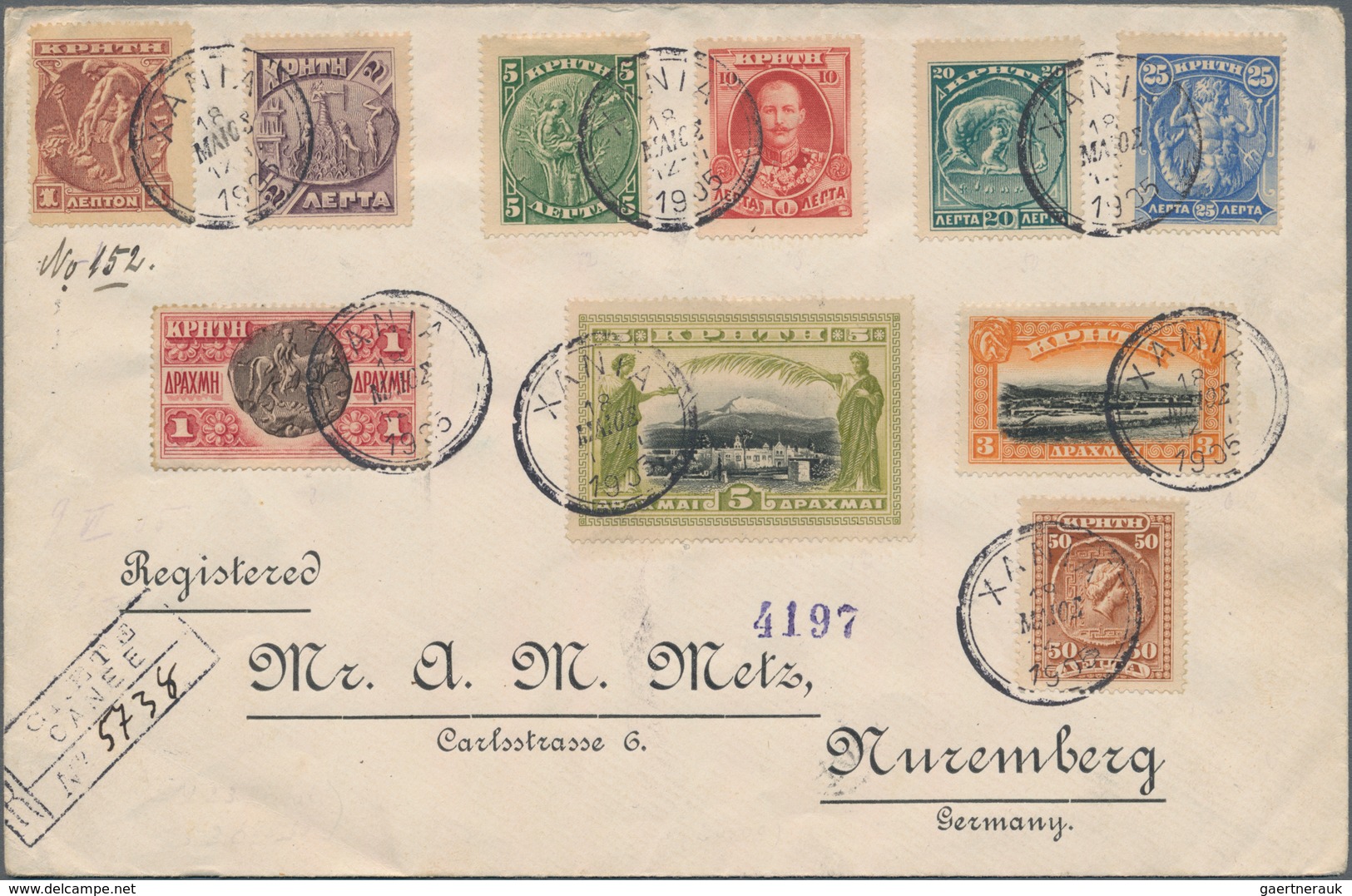 Kreta: 1905, Cpl. Set Up To 5 Dr. Plus #1 Tied KANIA 18 MAIOS 1905" To Registered Cover To Nuremberg - Kreta