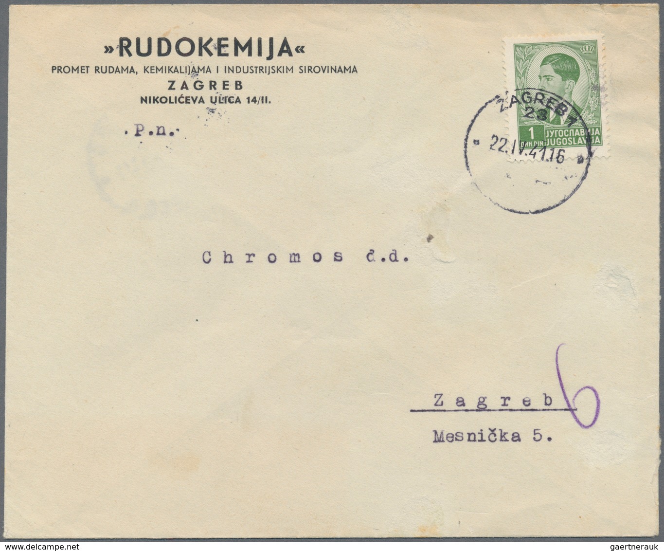 Kroatien: 1941, 22 April, Change Of Local Letter Rate: 1din. Green On Local Commercial Cover From "Z - Kroatien