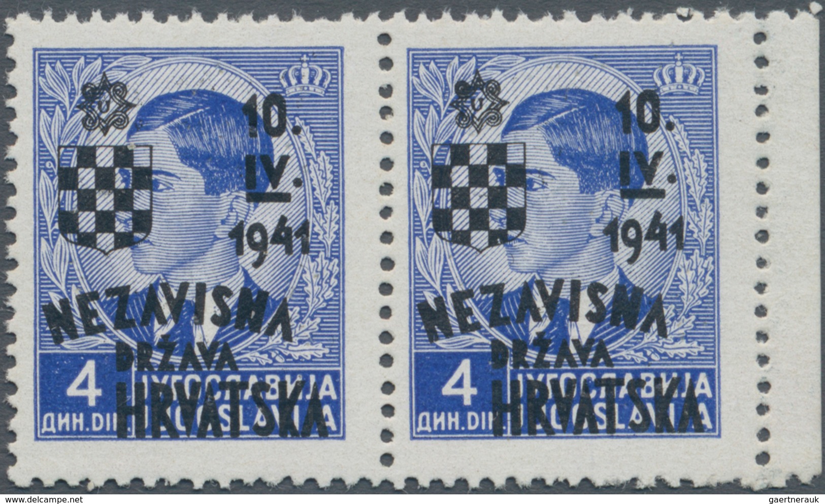 Kroatien: 1941, 4din. Ultramarine With Trial Overprint In BLACK, Right Marginal Horizontal Pair, Min - Croatia