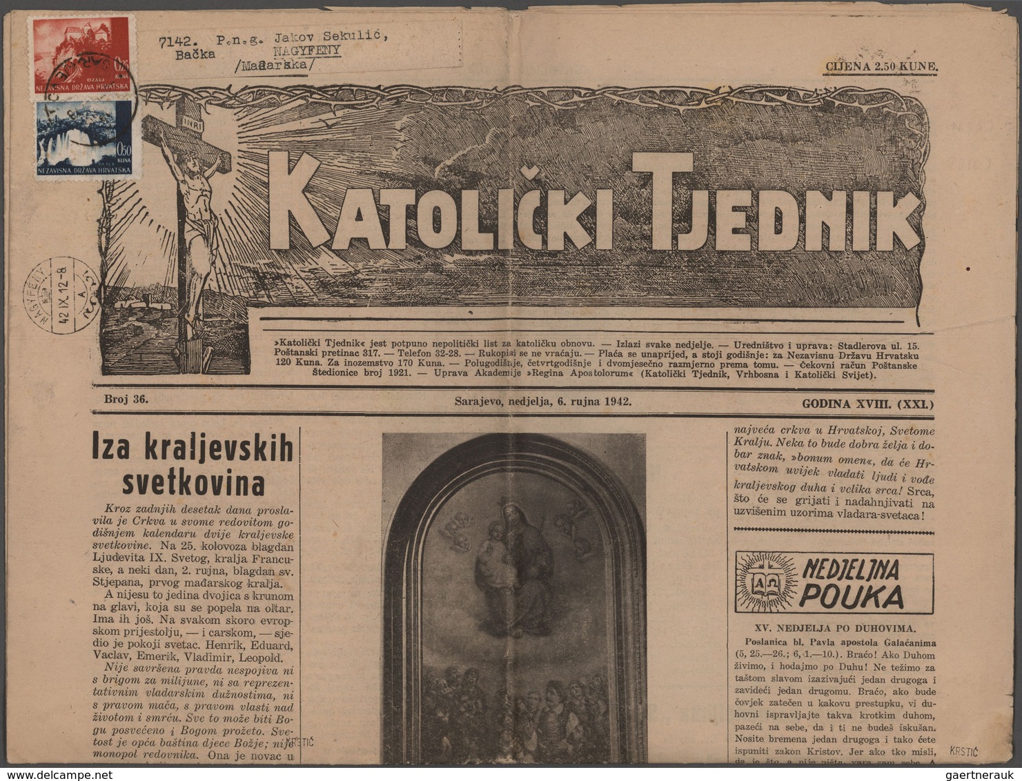 Kroatien: 1942/1944, 0.75k. Newspaper Rate To Hungary: Two Complete Newspapers "KATOLICKI TJEDNIK" F - Kroatien